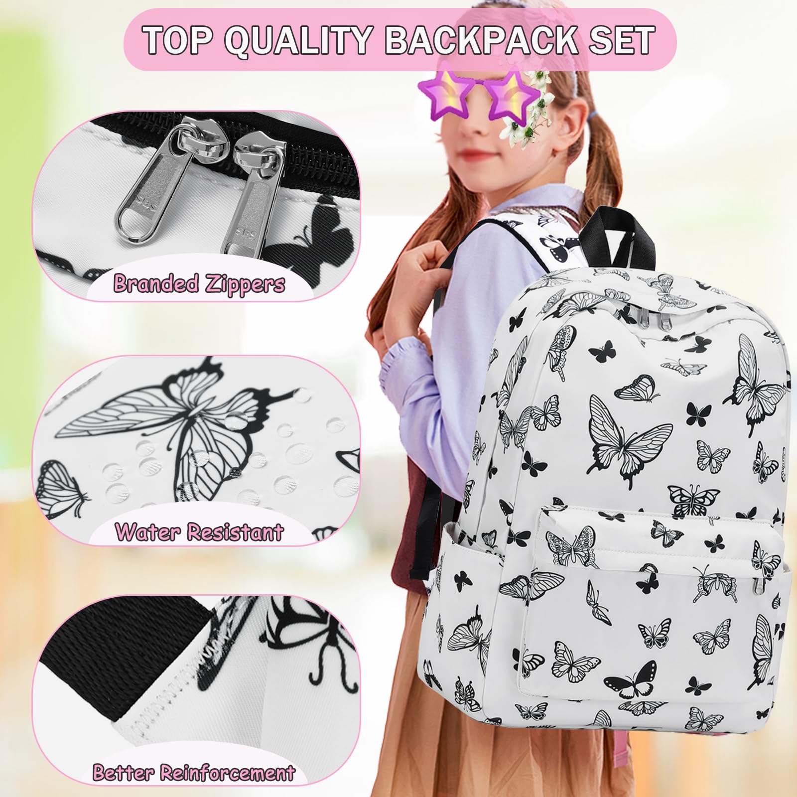 Cute Butterfly Print School Backpack for Girls - Lightweight Bookbag with Lunch Box & Pencil Case for Elementary & Middle School Students - Perfect for Teen Girls, Daily Use & Travel