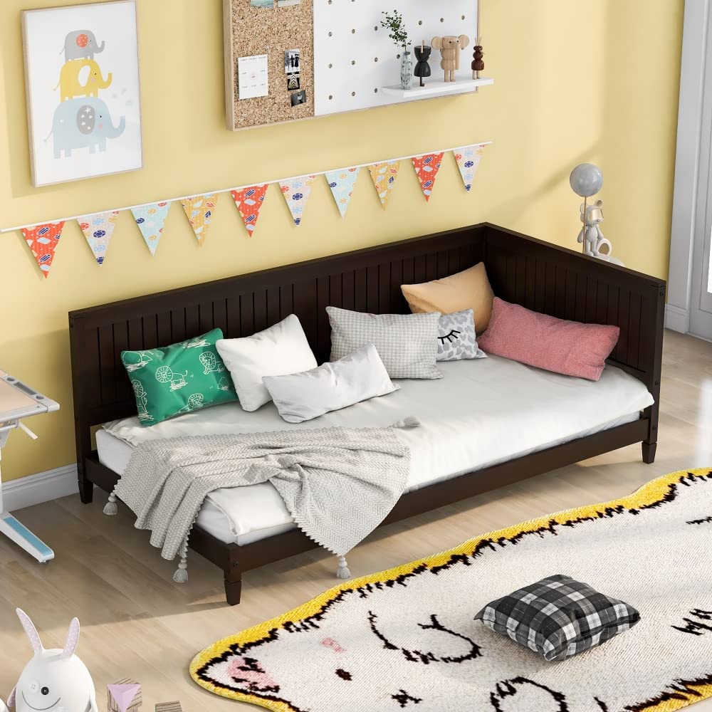 Twin Size Daybed with Headboard & Sideboard - Wooden Low Profile Sofa Bed Frame with Slat Support - Modern Dual-Use Floor Bed for Teens & Adults in Espresso - Perfect for Child's Room, Bedroom or Living Room as Guest Bed or Lounge Sofa