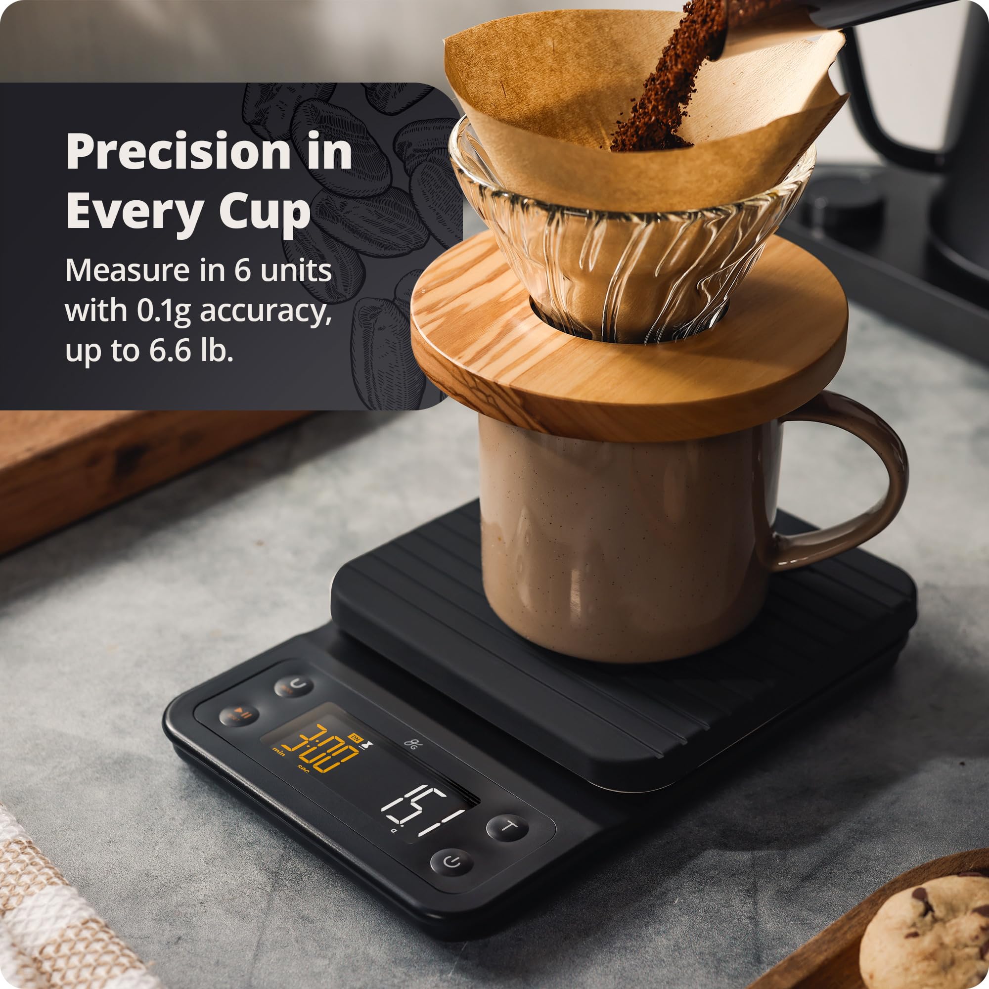 Greater Goods 0.1g Precision Digital Coffee Scale with Timer - 3kg Capacity for Pour Over, Espresso, French Press & Kitchen Baking | Perfect for Home Baristas & Coffee Enthusiasts (Onyx Black)
