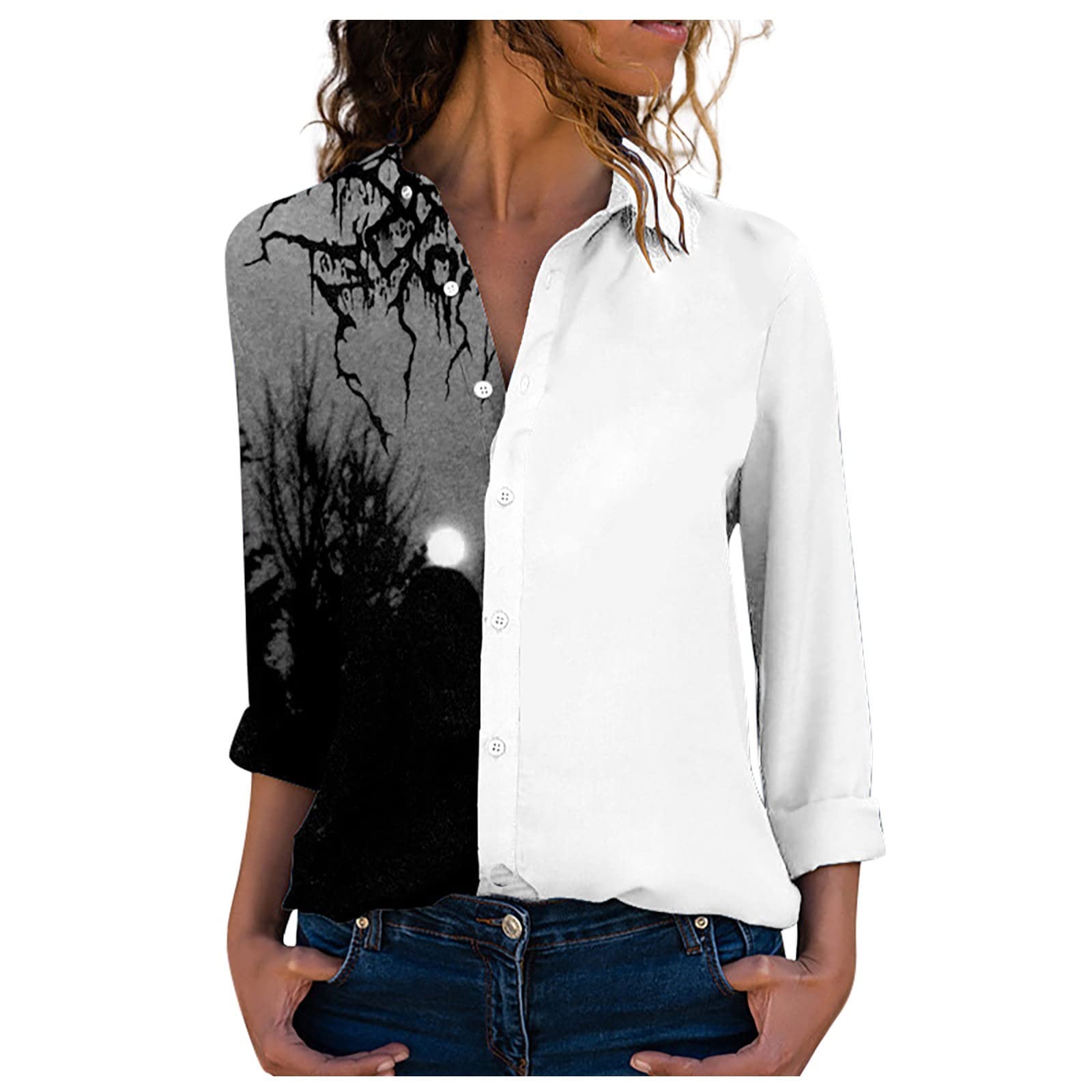 Women's Vintage Print Linen Blouse - Long Sleeve Single Breasted Lapel Top Plus Size Dress Shirts for Fall | Perfect for Office Wear, Casual Outings & Special Occasions