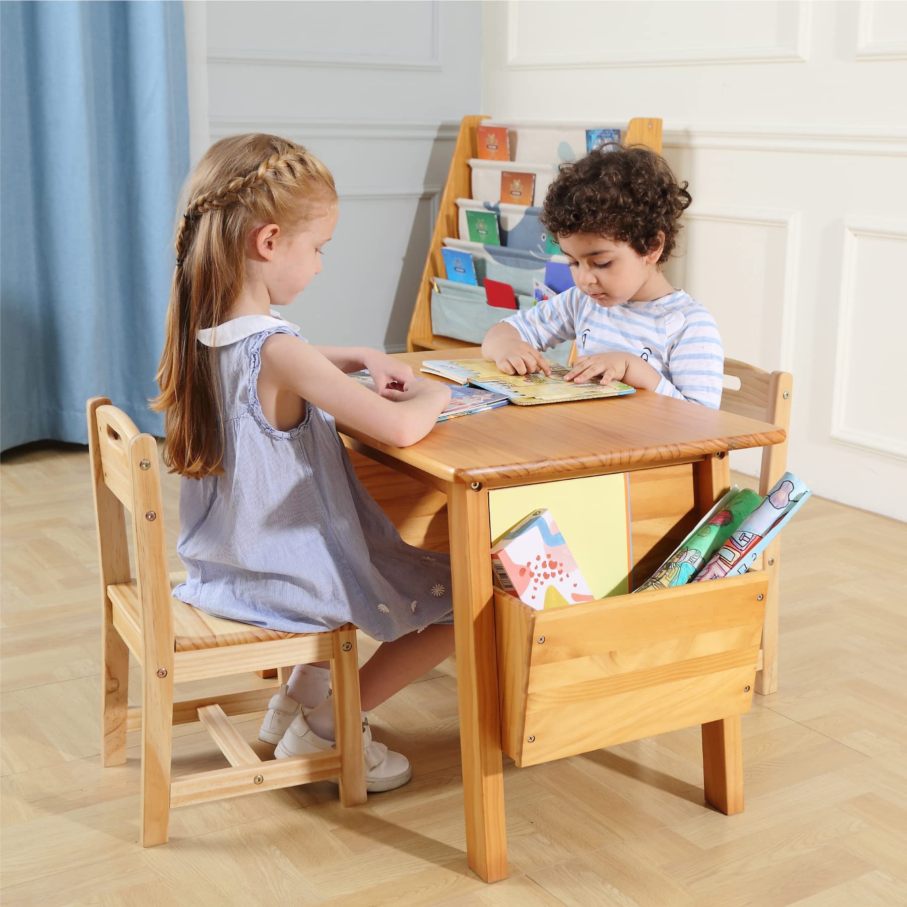 **Solid Wood Kids Table and Chair Set with Storage - Natural Toddler Activity Desk for Learning, Drawing & Play - Perfect for Nursery, Playroom & Homeschool**