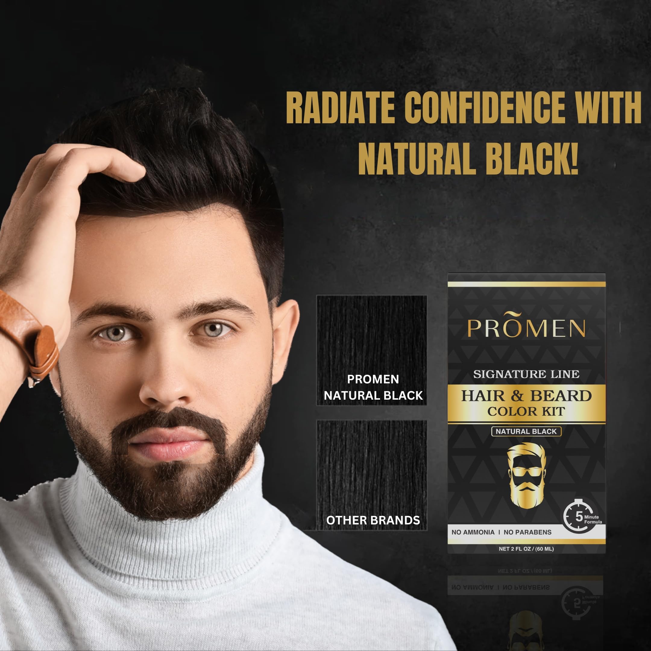 BEMEN Hair & Beard Color Kit for Men - 5-10 Minute Mustache & Hair Dye - Easy Application, No Stain, Long-Lasting Shine - Natural Black Beard Color | Perfect for Home Use, Touch-Ups, and Professional-Looking Results
