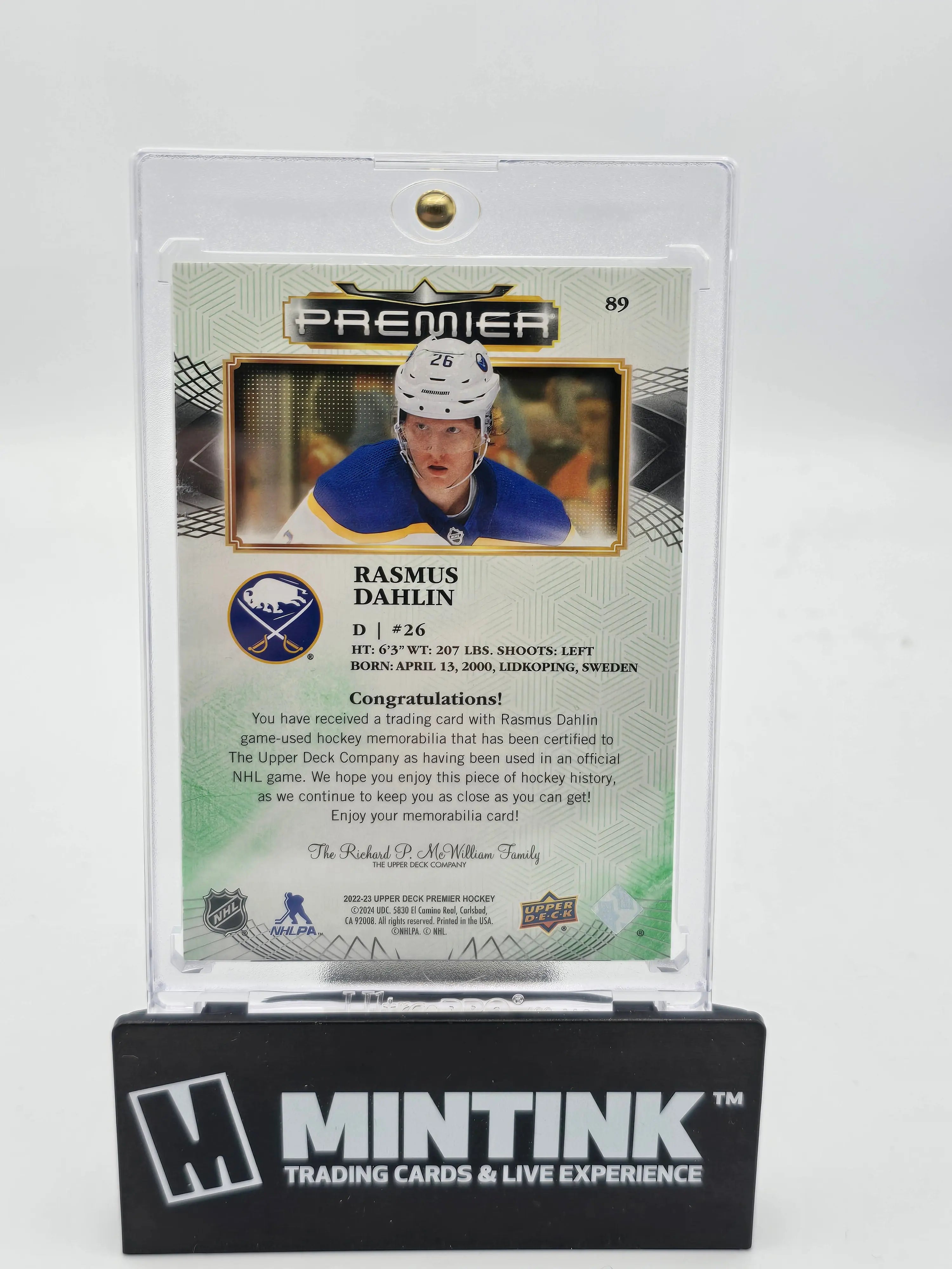 2022-23 Upper Deck Premier Hockey Rasmus Dahlin Green Gold Foil Fight Strap 5/5 - Rare Hockey Card for Collectors & NHL Fans - Perfect for Trading, Display & Investment