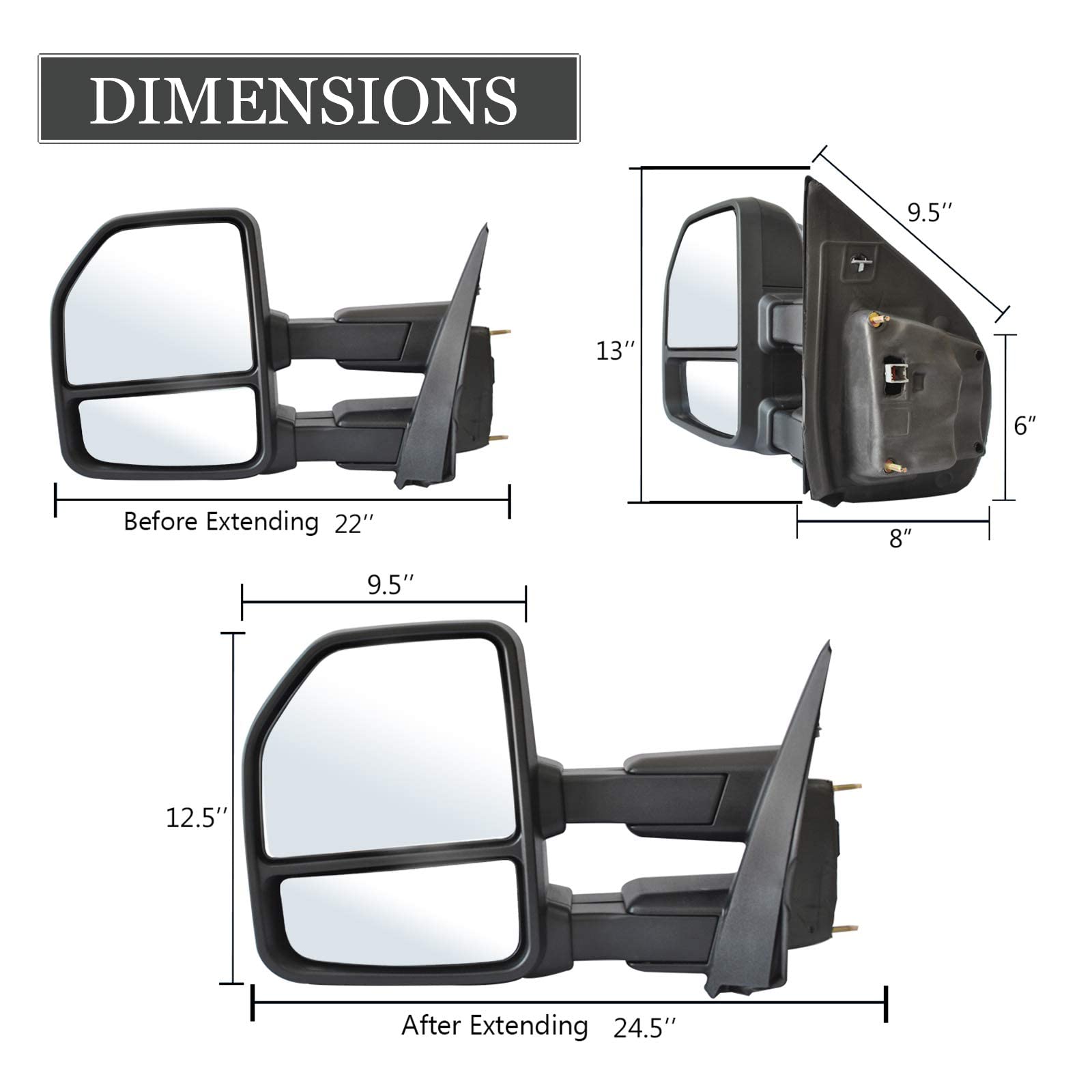 Heated Power Towing Mirrors for 2015-2020 Ford F150 Pickup Truck with Turn Signal, Temperature Sensor & Puddle Lights | Manual Extendable Chrome Design | 22-Pin Plug | Perfect for Towing, Camping & Off-Road Adventures