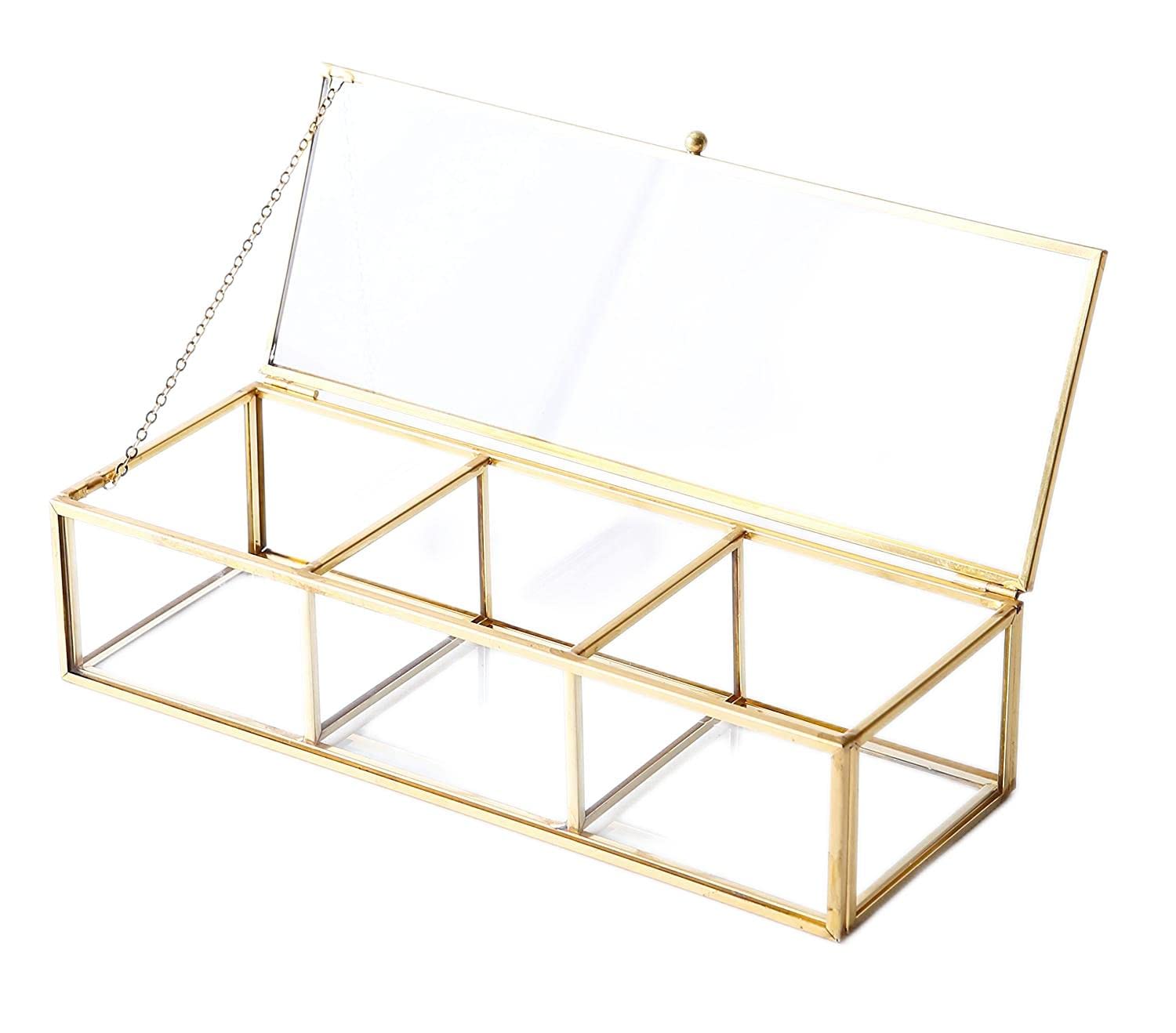 Vintage Golden Glass Jewelry Box with Brass Metal Lid - 3 Compartment Clear Glass Storage Organizer for Makeup, Rings & Cosmetics - Perfect for Vanity Display, Dresser Decor & Gift Giving