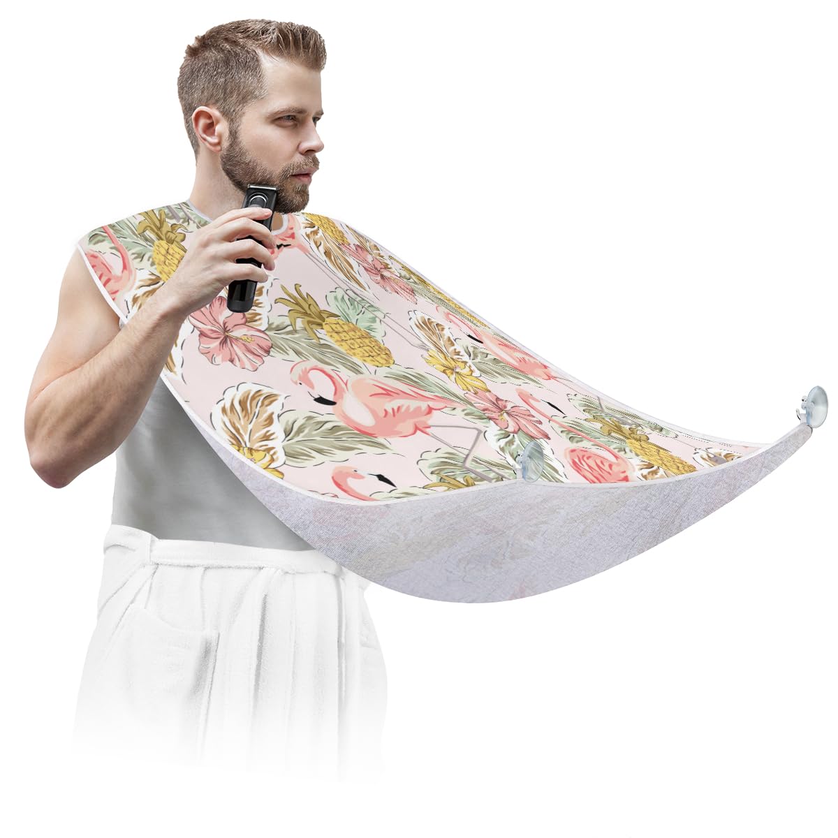 Tropical Flamingo Pineapple Hibiscus Beard Bib for Men - Non-Stick Shaving Apron with Suction Cups, Hair Catcher Grooming Cape - Perfect Gift for Husband & Dad - Ideal for Home Barbering & Beard Care