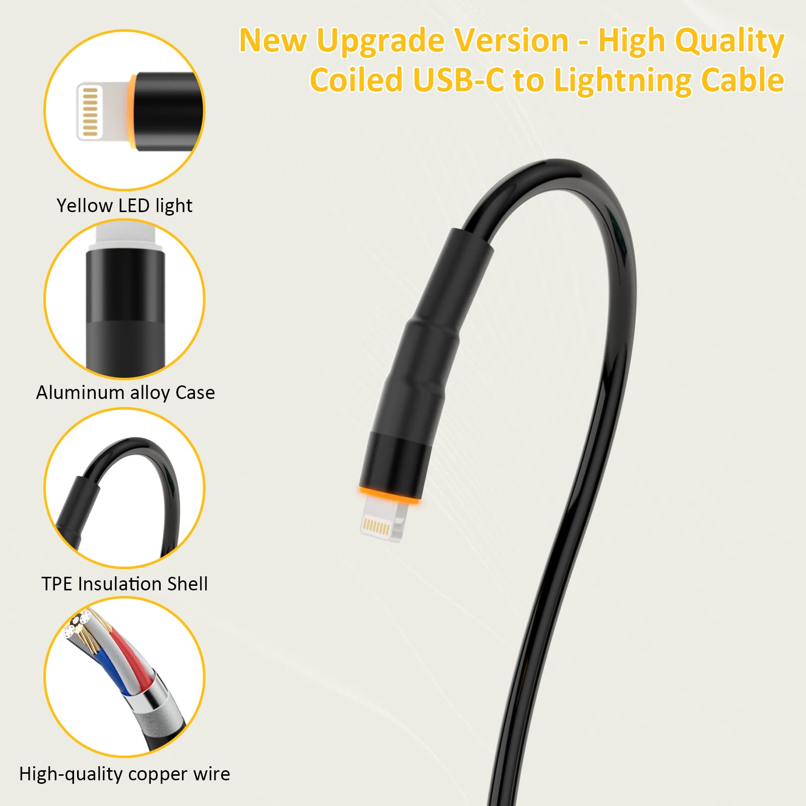 MFi Certified Coiled USB-C to Lightning Cable - Fast Charging & Data Sync for iPhone 14/13/12/11/X/8, iPad & iPod - Retractable Apple CarPlay Cord with LED Indicator - Perfect for Car, Home & Office Use