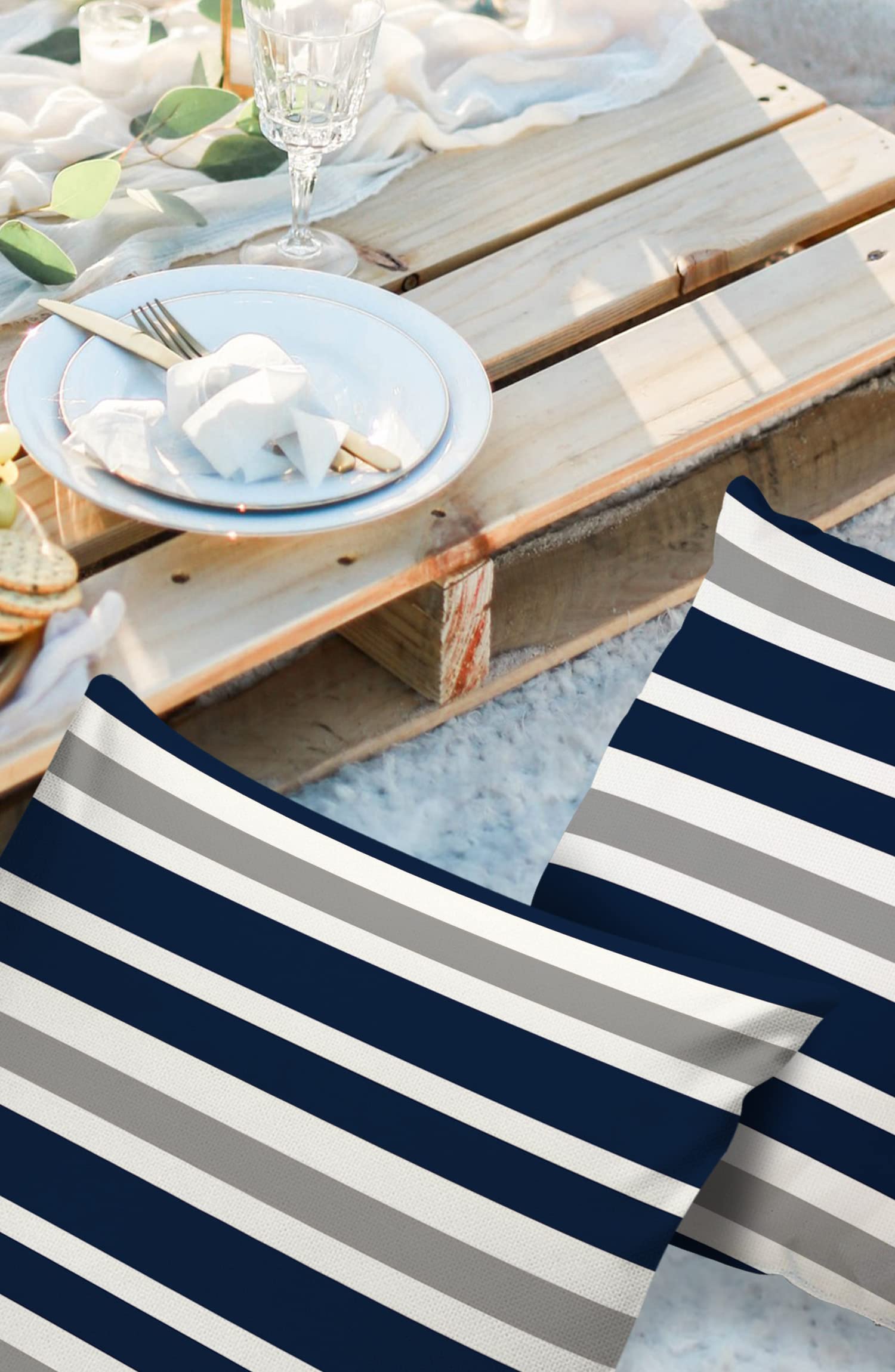 Waterproof Outdoor Throw Pillow Covers 20x20 Inch - Navy Blue & Gray White Stripes - Set of 2 Polyester Cushion Covers for Patio Furniture, Garden Chairs, Sofa, Couch - All-Weather Home Decor for Backyard, Porch, Living Room