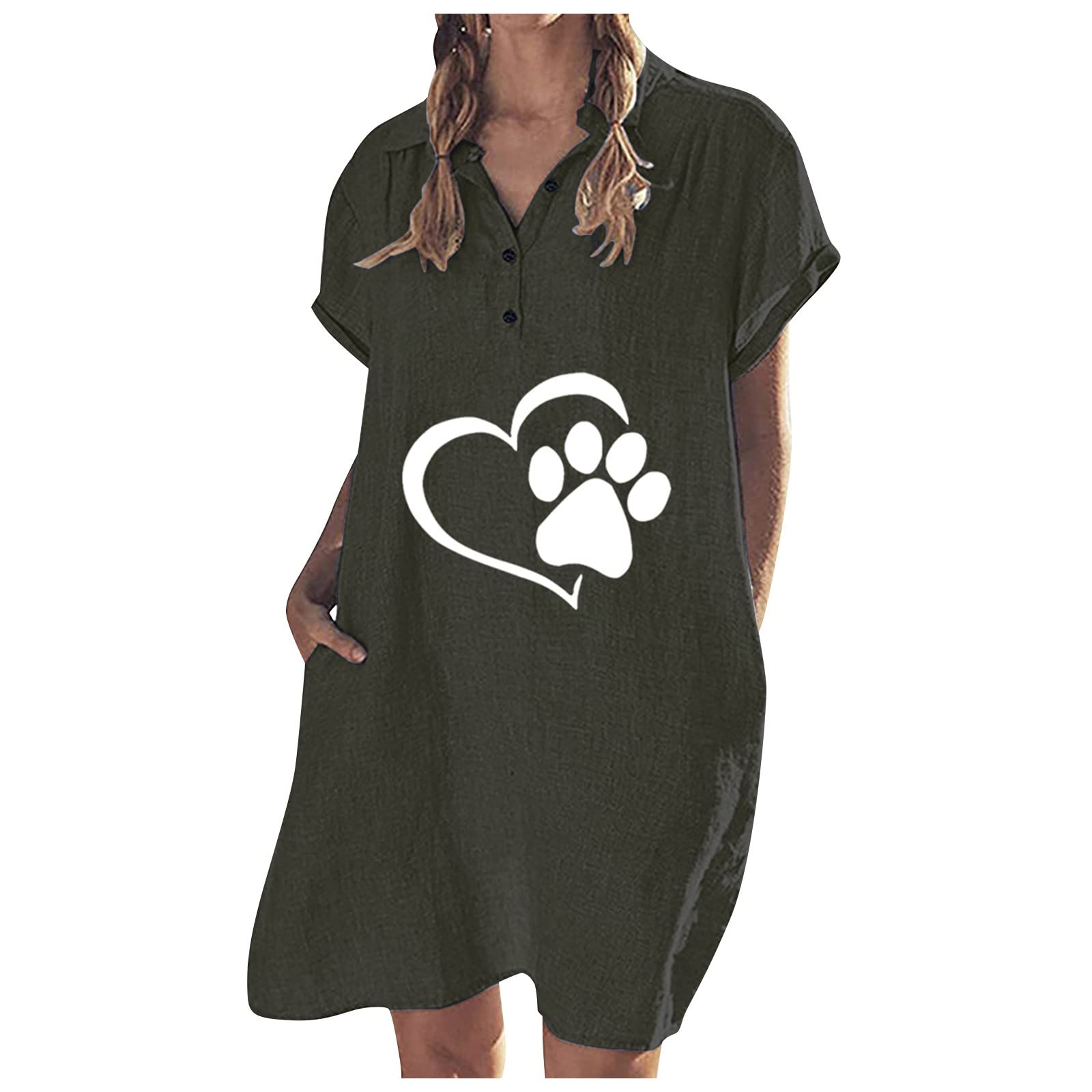 Funny Graphic Short Sleeve V-Neck Button Down Mini Dress for Women - Summer Casual Shirt Dress with Pockets | Perfect for Beach Outings, Picnics, and Weekend Brunch