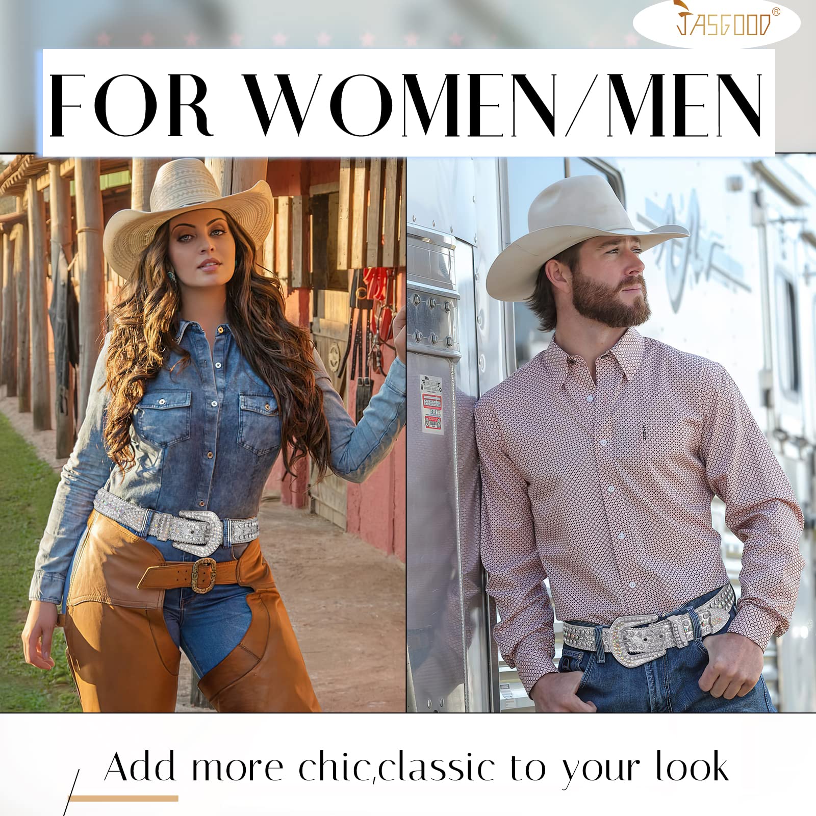 JASGOOD Rhinestone Belt for Women & Men - Bling Western Cowgirl Cowboy Studded Leather Belt with Diamonds - Stylish Waist Belt for Jeans, Pants - Perfect for Country Concerts, Rodeos & Western Fashion