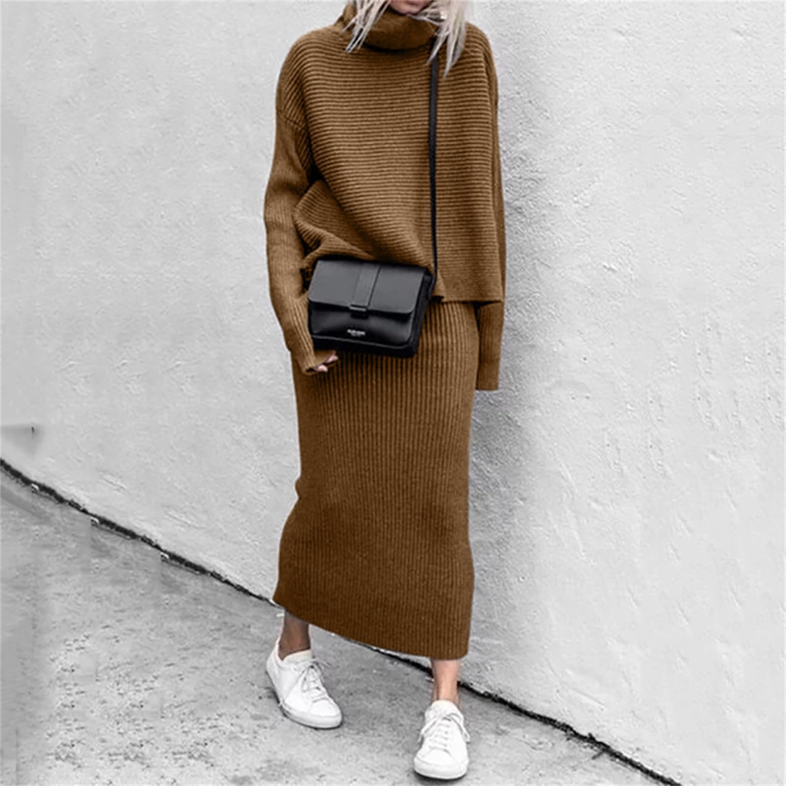 2 Piece Women's Sweater Skirt Set - Cozy Turtleneck Knit Sweater & Midi Skirt Lounge Outfit | Fall Winter Casual Wear for Home, Office & Date Nights