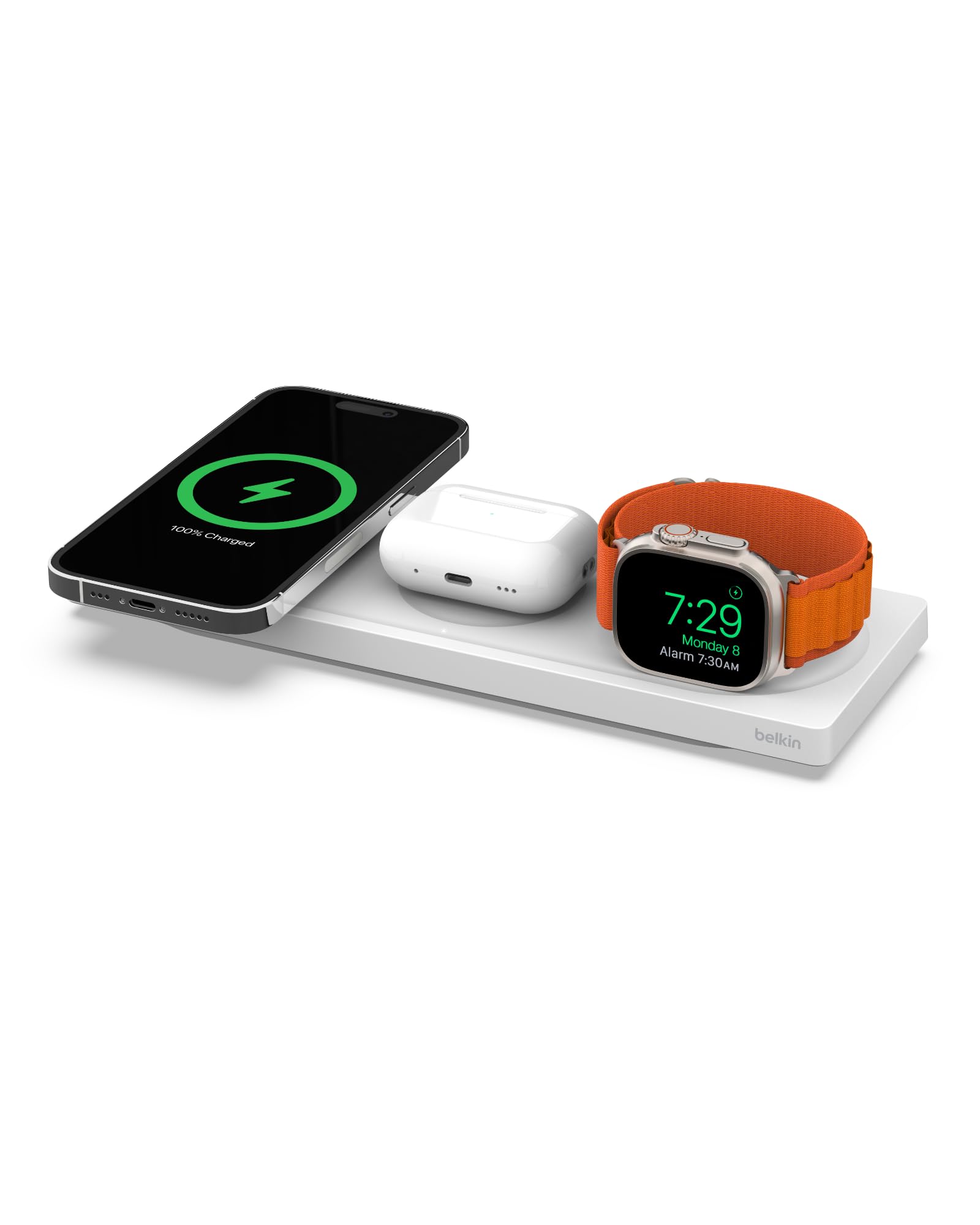 Belkin MagSafe 3-in-1 Wireless Charging Station - Fast Charger for iPhone 14/13/12, Apple Watch & AirPods - Compact Magsafe Charging Pad for Home, Office & Travel - White