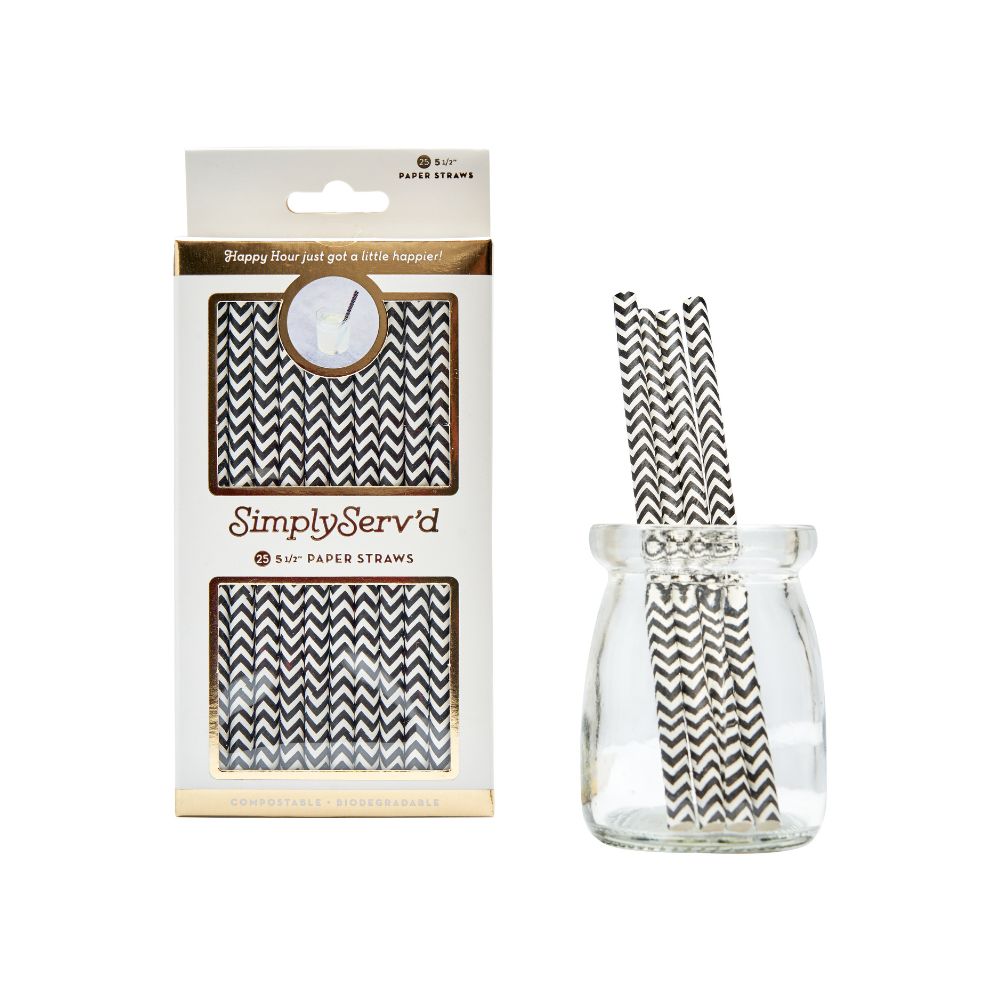 Eco-Friendly Black Chevron Paper Cocktail Straws - 25 Pack with Gift Box | Biodegradable Drinking Straws for Parties, Weddings & Home Decor
