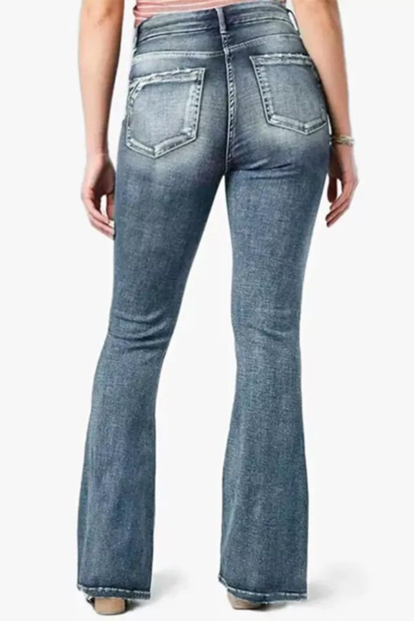 Vintage High Waist Flared Jeans with Side Button Pockets - Retro 70s Style Denim Pants for Women, Perfect for Casual Outings & Boho Fashion Looks