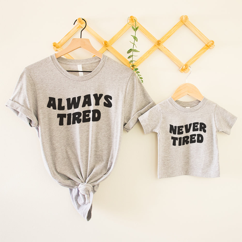 Always Tired Never Tired Matching Couple T-Shirts - Heather Grey Cotton Tees for Date Nights & Anniversary Gifts