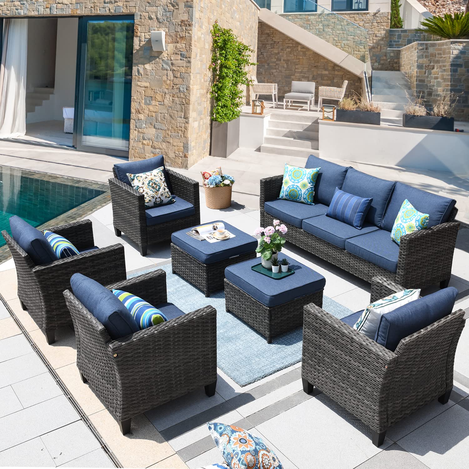 7-Piece OVIOS Patio Furniture Set - High Back Outdoor Sofa & Chairs, All-Weather Wicker Conversation Set for Garden, Backyard, Porch (Denim Blue) | Perfect for Relaxing, Entertaining & Outdoor Dining