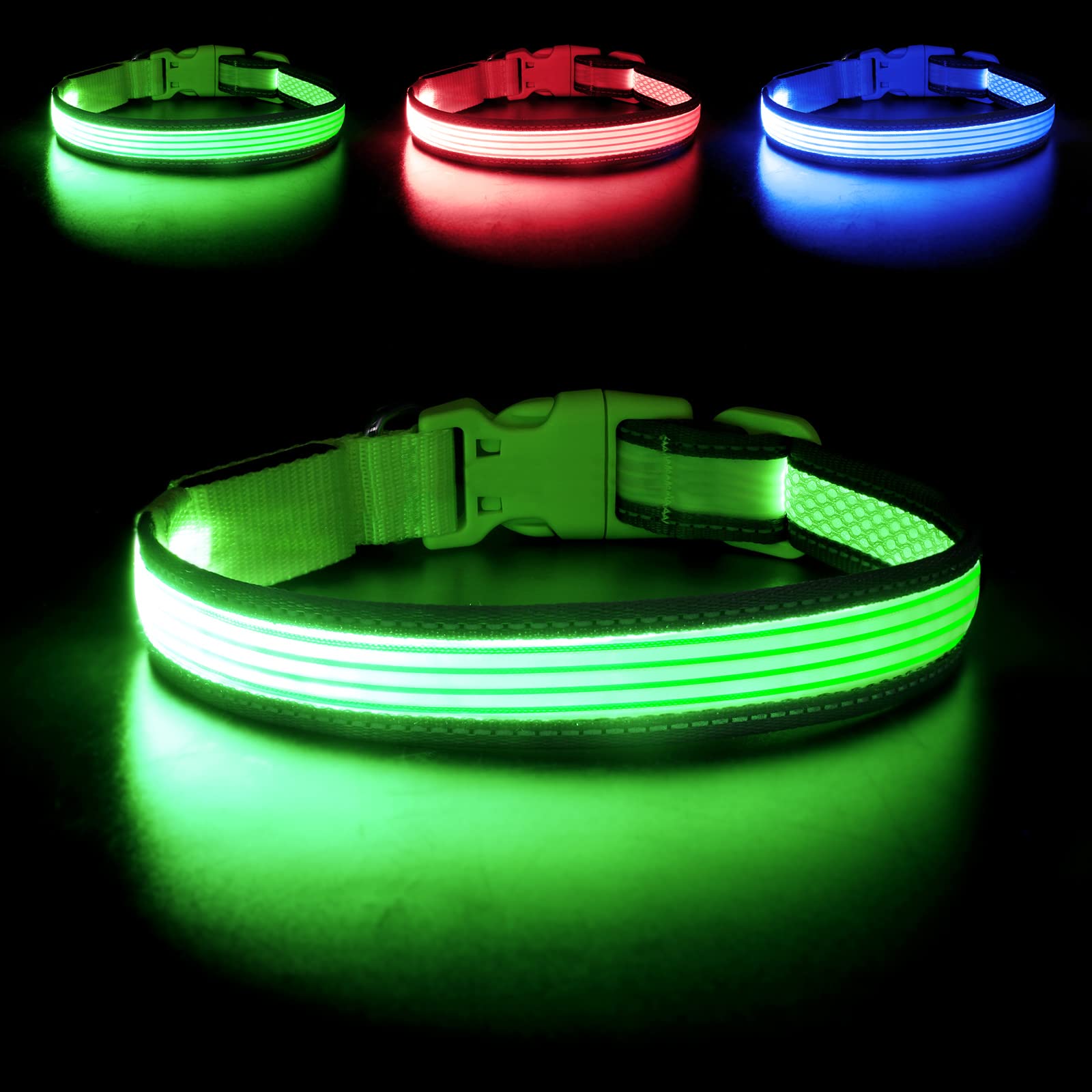 YFbrite Adjustable LED Dog Collar with Reflective Strip - Glow in The Dark Safety Collar for Small Dogs (Green) - Perfect for Night Walks, Jogging & Outdoor Adventures