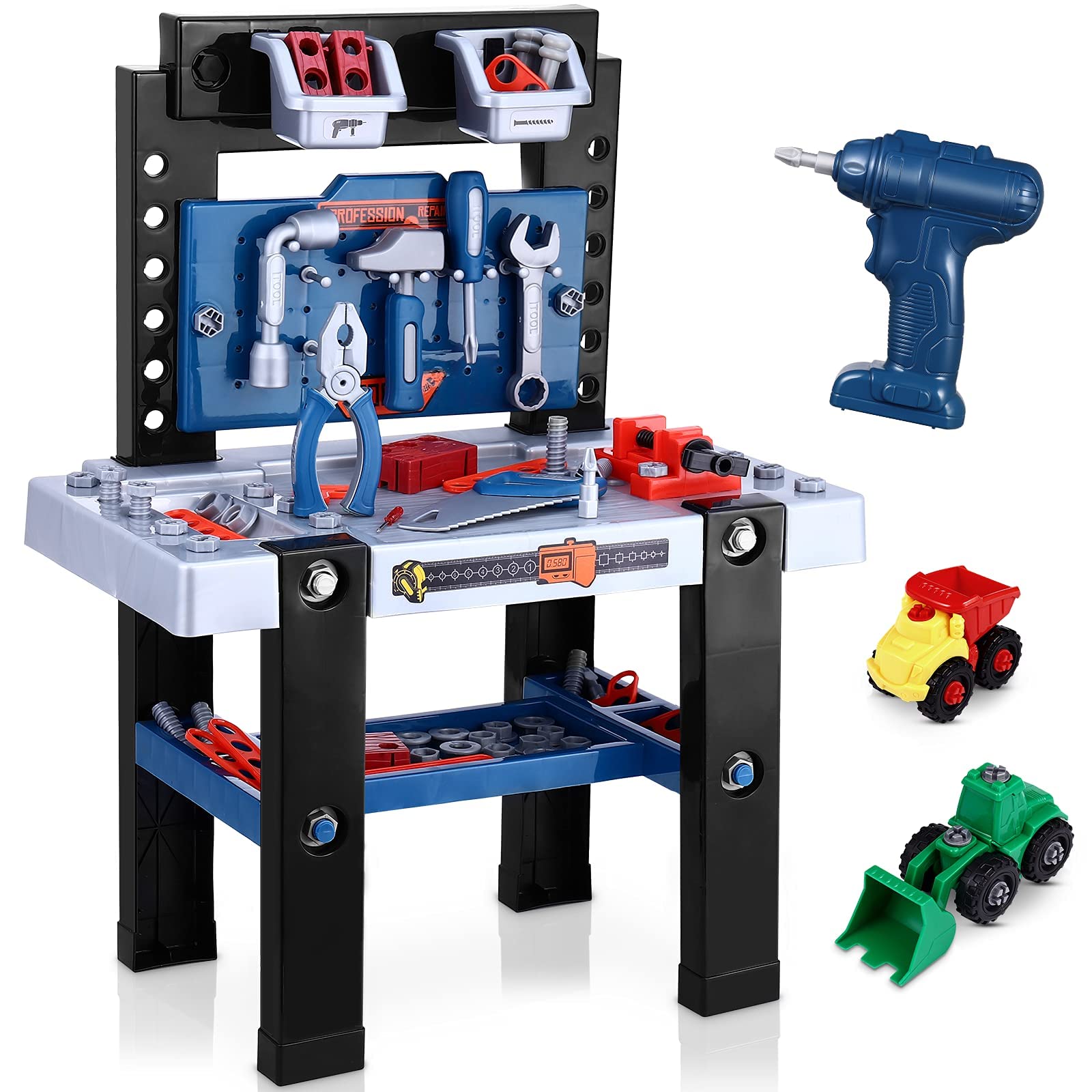 Kids Tool Bench & Workbench Set with Toy Drill, Construction Vehicles & Storage - 91PCS Toddler Tool Kit for Boys & Girls | STEM Learning, Pretend Play & DIY Projects