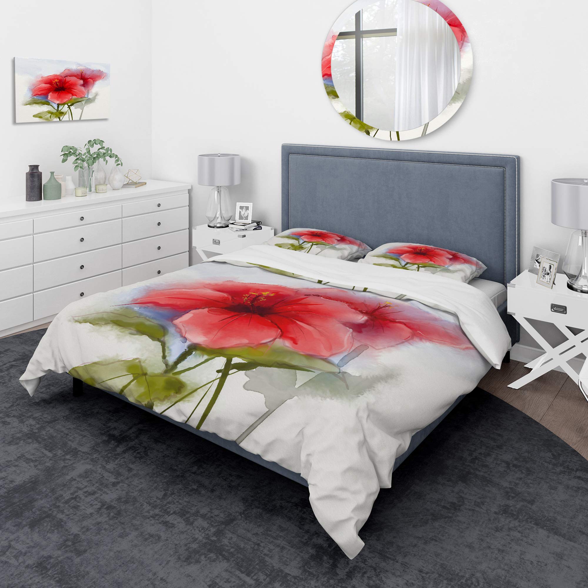Red Hibiscus Flower Duvet Cover Set King - Watercolor Floral Bedding 3 Piece Set, Nautical & Coastal Design for All Seasons | Perfect for Beach House, Guest Room & Coastal Themed Decor