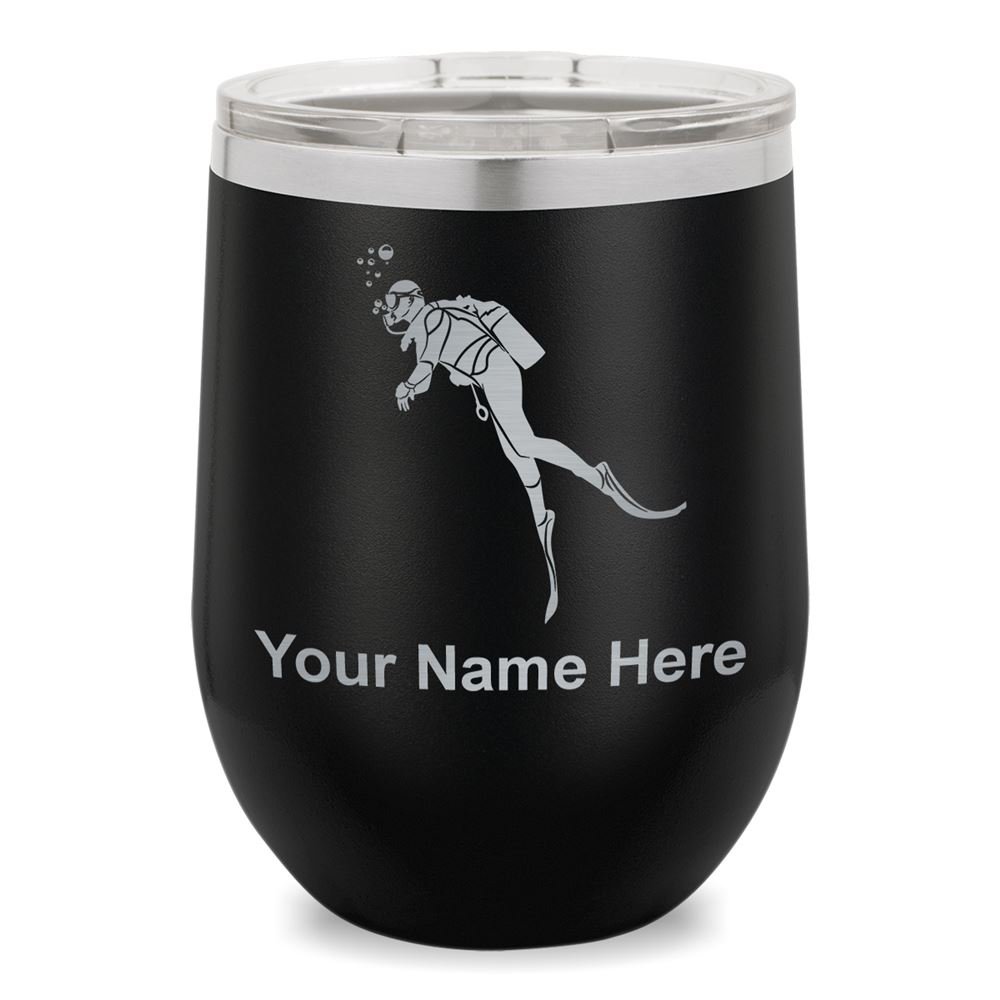 Personalized Scuba Diver Wine Glass Tumbler with Engraving - Black - Perfect for Wine Lovers, Scuba Divers & Unique Gift Giving