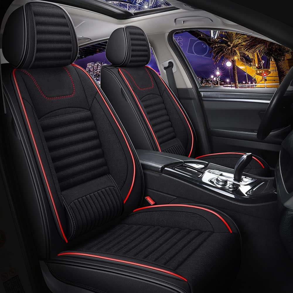 TTX Custom Full Car Seat Cover - Waterproof Leather & Breathable Linen for 2018-2023 Hyundai Kona - Airbag Compatible (Red & Black) - Perfect for Road Trips & Daily Commutes