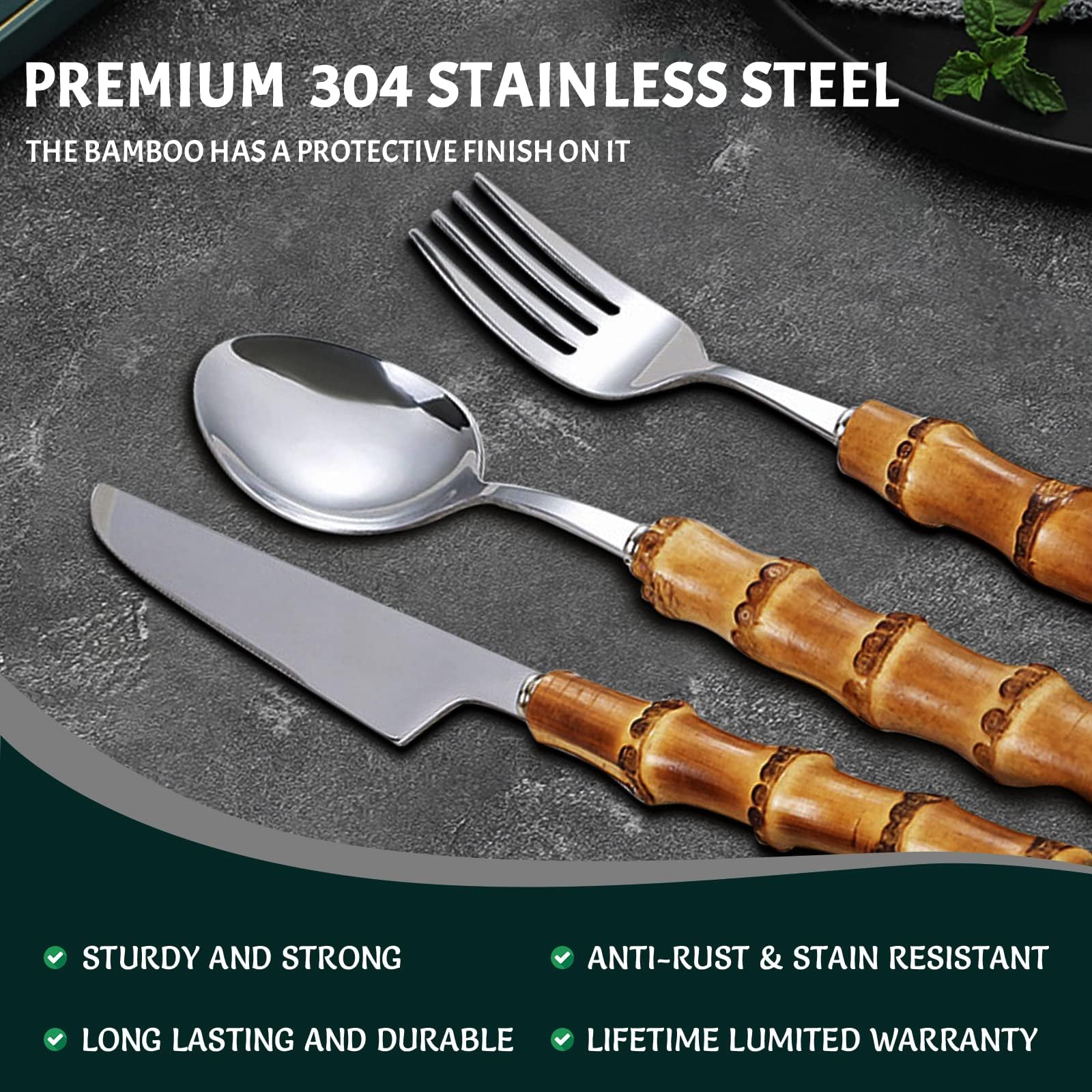 Premium 90-Piece Bamboo Handle Stainless Steel Cutlery Set - 18/8 Dishwasher Safe Flatware for 18 Place Settings - Eco-Friendly Kitchen Utensils for Everyday Dining, Dinner Parties & Restaurant Use