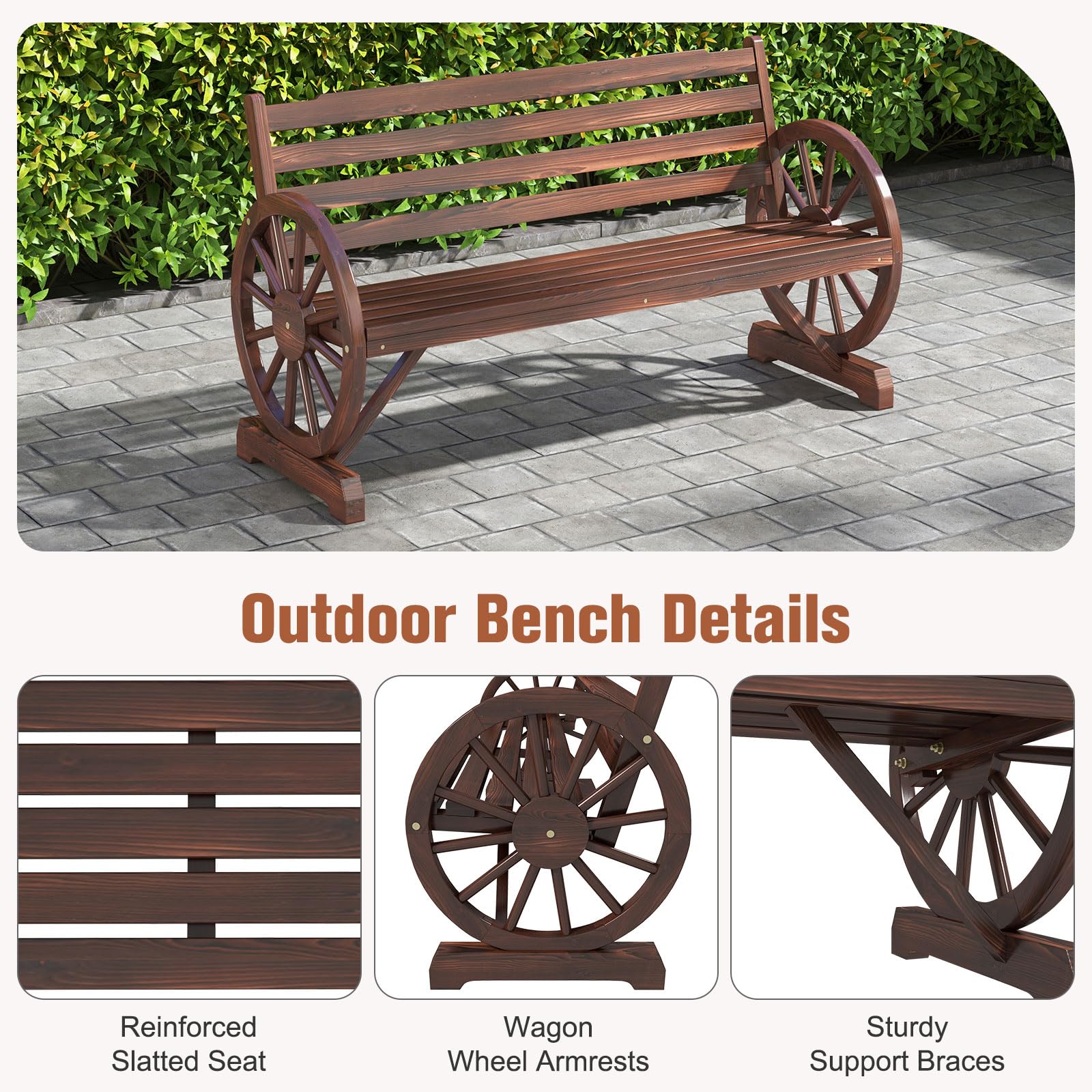 KINTNESS 3-Person Wooden Wagon Wheel Bench - Rustic Outdoor Garden Bench with Slatted Seat & Backrest - Perfect for Backyard, Patio, Porch, and Garden Decor