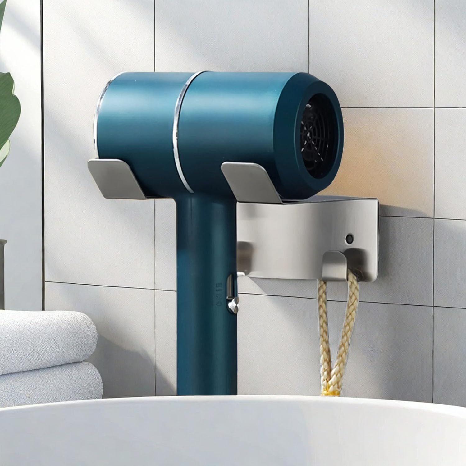 Stainless Steel Wall Mounted Hair Dryer Holder with Hooks - Bathroom Organizer for Blow Dryer, Silver | Perfect for Small Spaces & Clutter-Free Vanity Organization