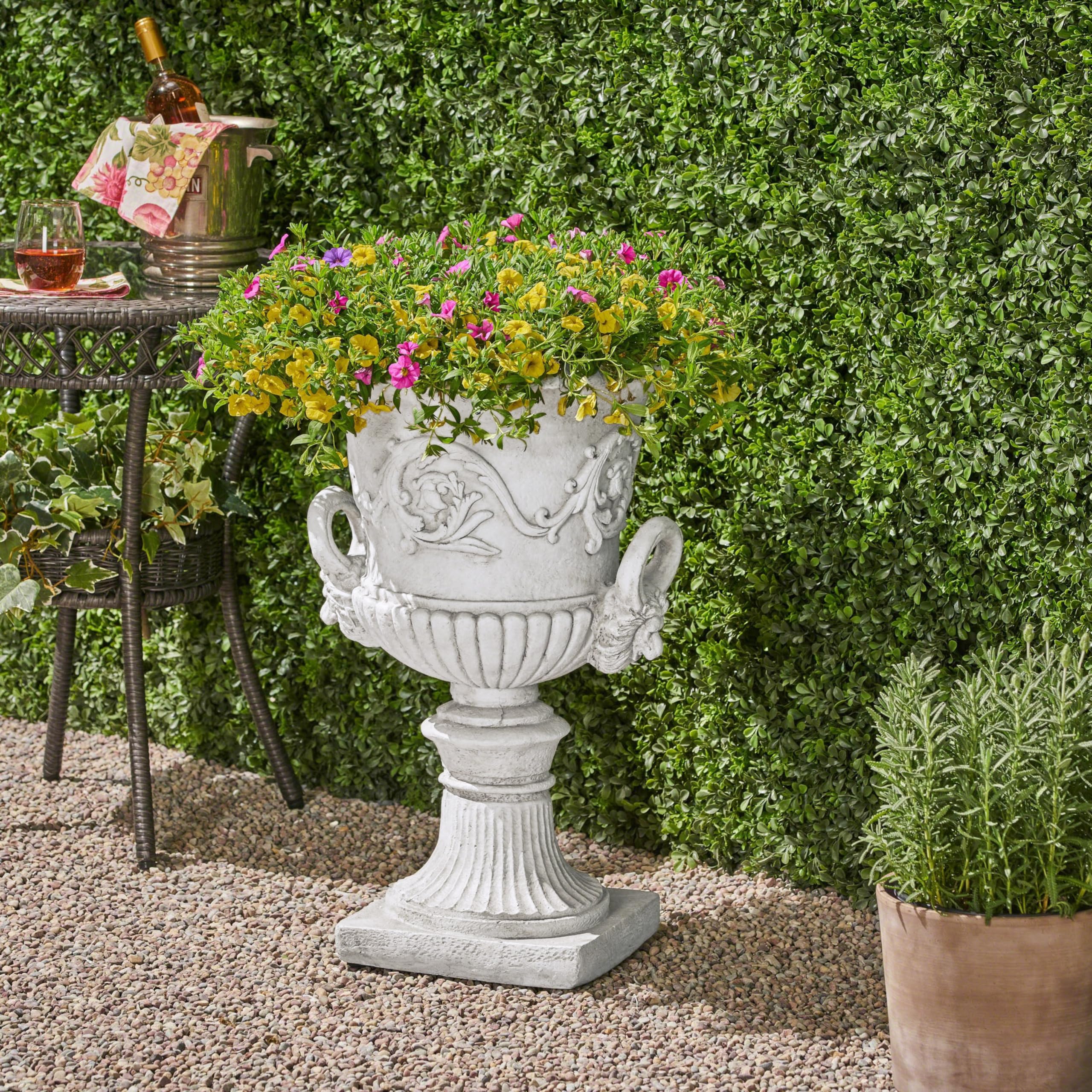 Christopher Knight Home Adonis Traditional Roman Chalice Garden Urn Planter with Lion & Floral Accents - Antique White Outdoor Decor for Patio, Garden, and Porch