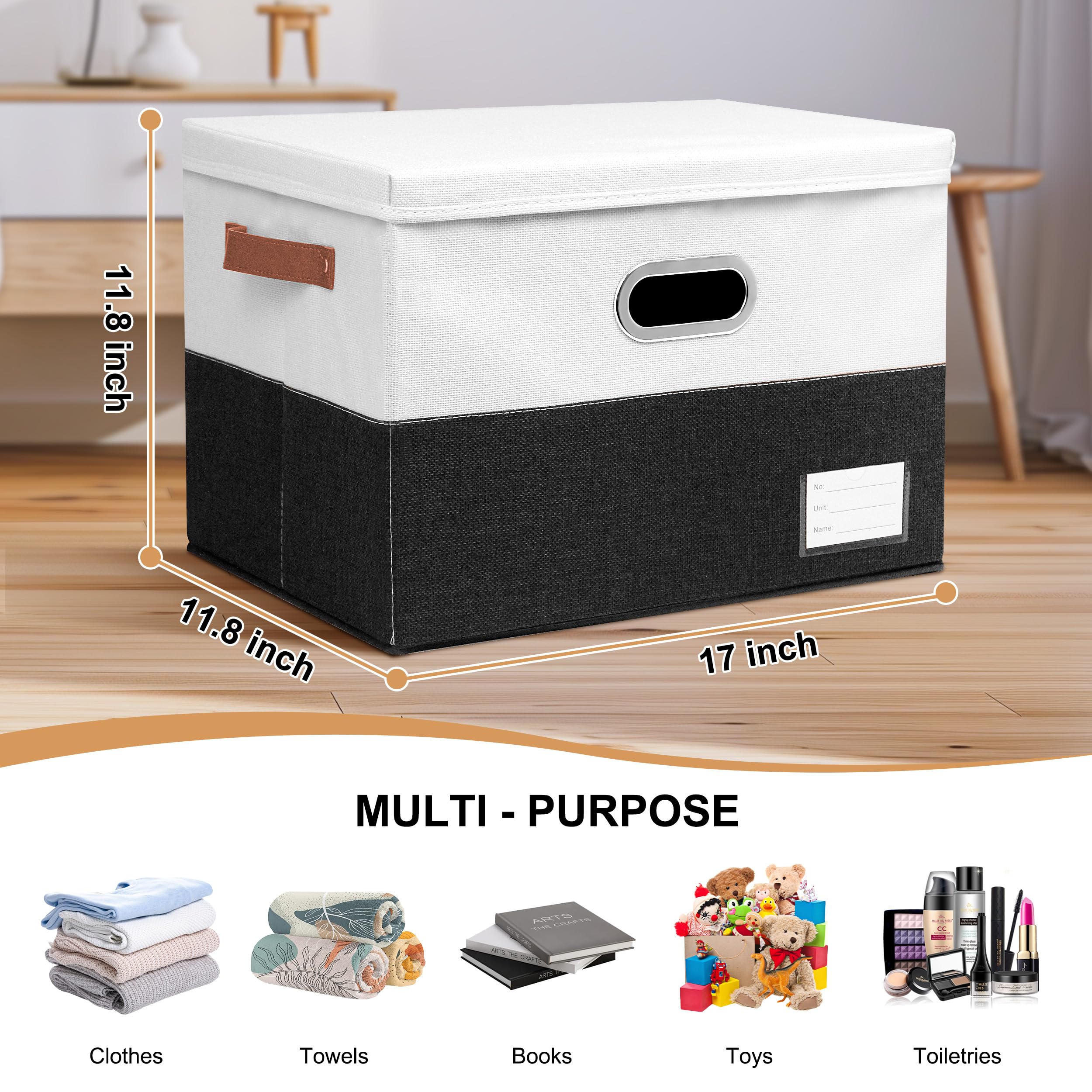 Foldable Fabric Storage Boxes with Lids - Collapsible Organizer Bins with Handles for Closet, Bedroom & Living Room - Space Saving Storage Cubes for Home Organization (Black & White, 3 Pack 17x11.8x11.8 Inches) - Perfect for Seasonal Clothes, Toys & Blanket Storage