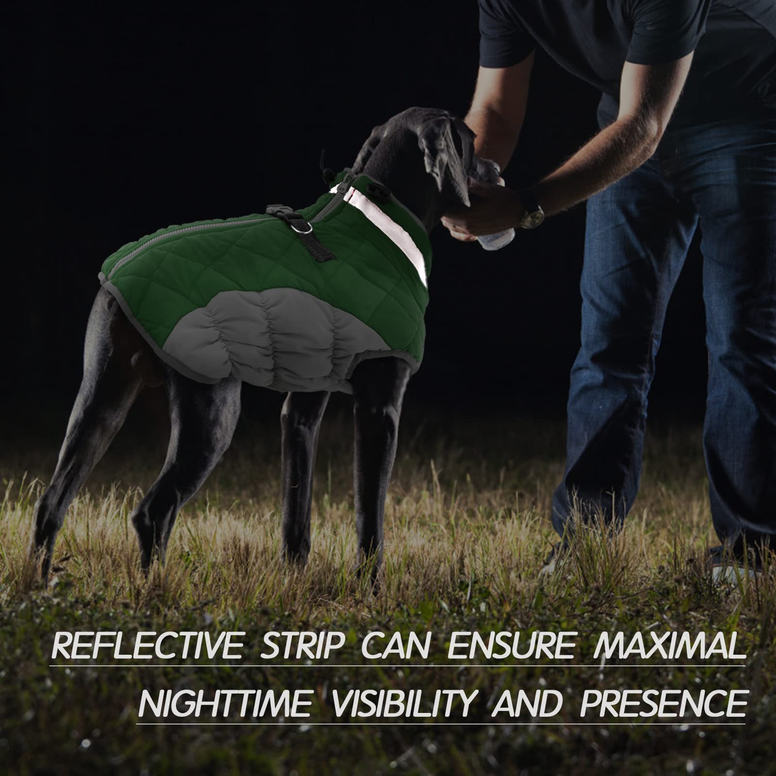 FUAMEY Waterproof Windproof Dog Winter Coat - Warm Fleece Vest with Reflective Strips & Built-in Harness | Cold Weather Snow Jacket for Large Dogs (Green, XL) | Perfect for Outdoor Walks, Hiking & Winter Adventures