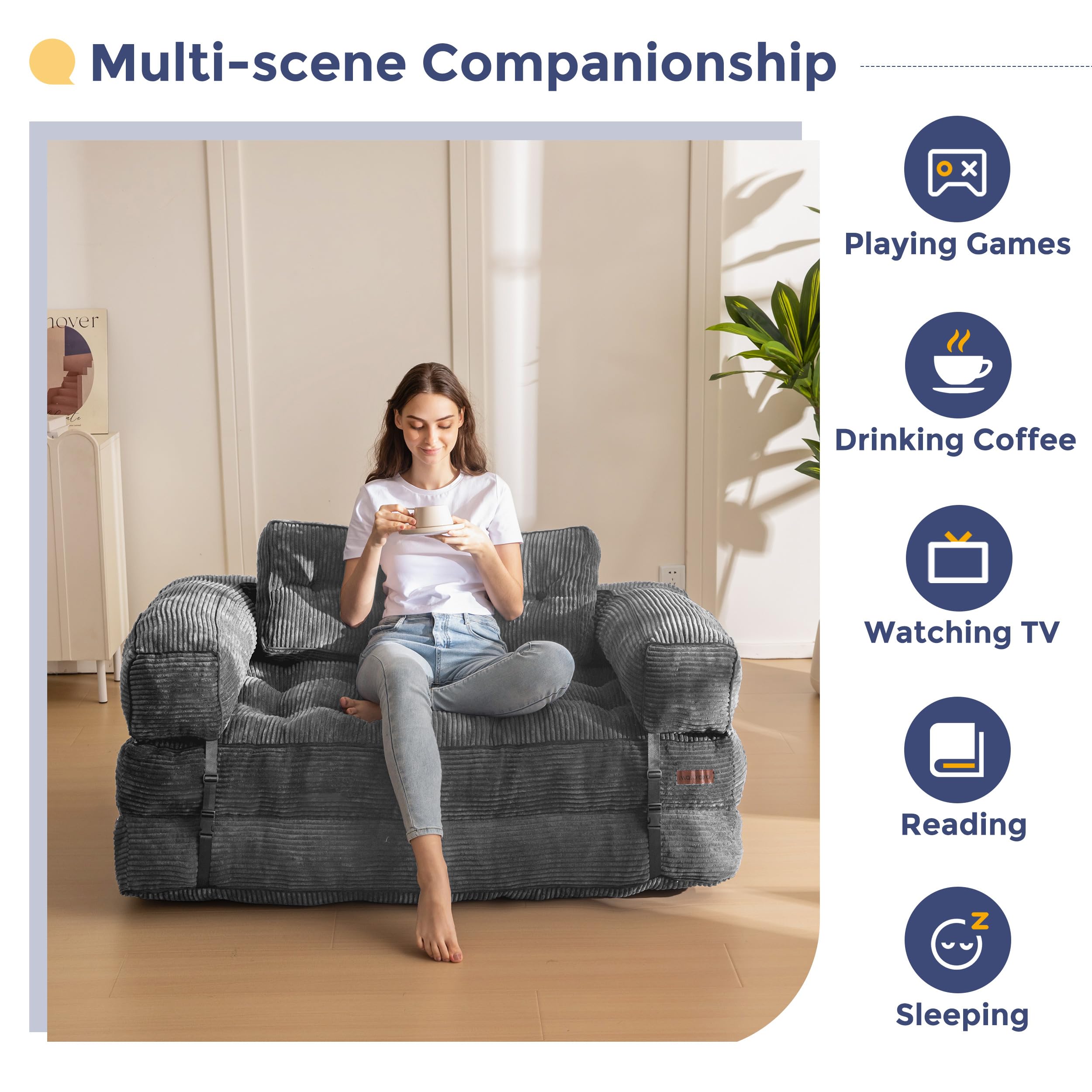 MAXYOYO L-Shaped Folding Sofa Bed - Convertible Sleeper Couch with Armrest & Pillow, Portable Foldable Floor Lounger for Small Spaces - Perfect for Living Room, Bedroom, Guest Room & Studio Apartments (Double Size, Dark Grey)