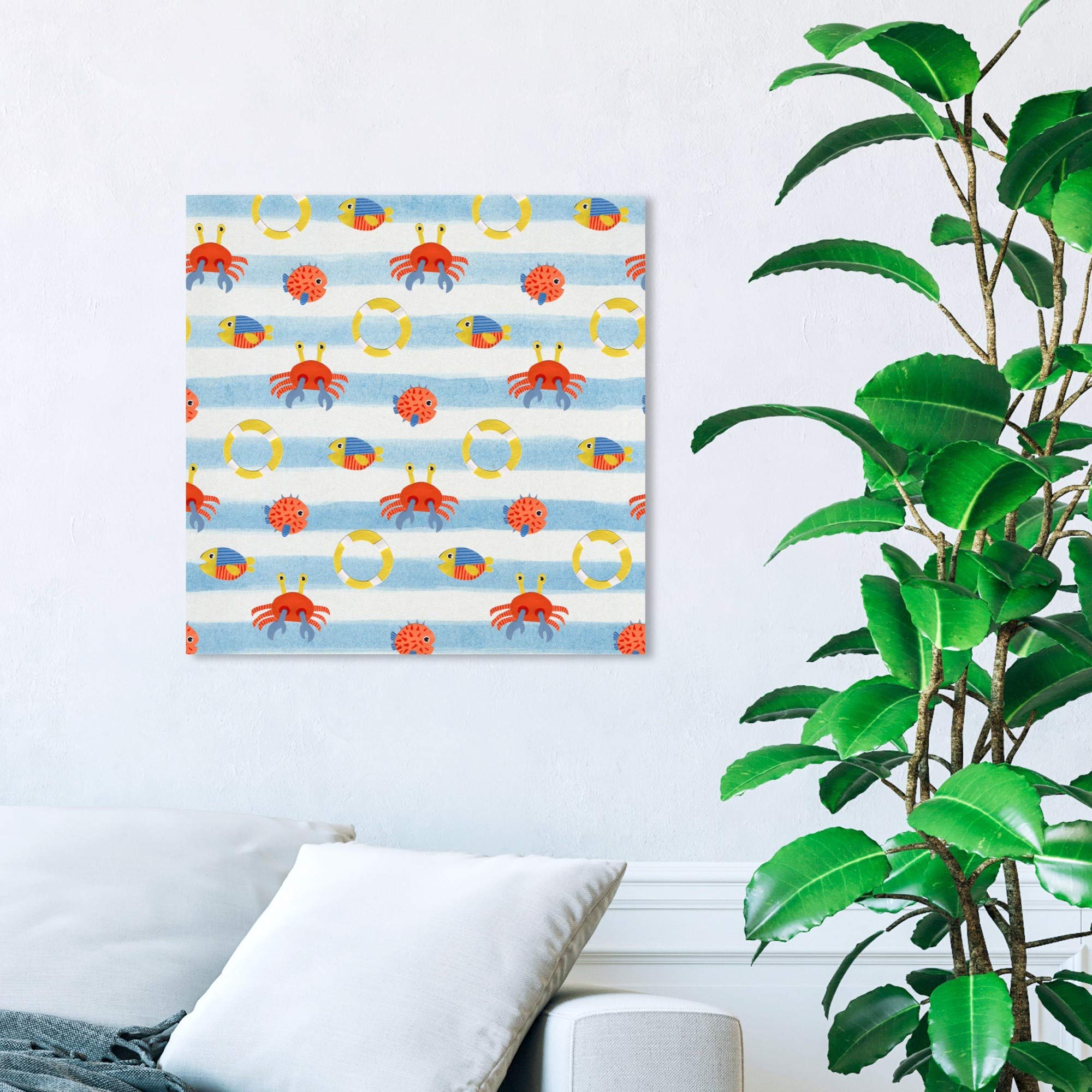 Wynwood Studio Nautical Coastal Wall Art Canvas Print - Fish Crab Lifesaver Pattern Home Decor - 20x20 Inches Blue & Orange - Perfect for Beach House, Bathroom & Coastal Living Room Decor