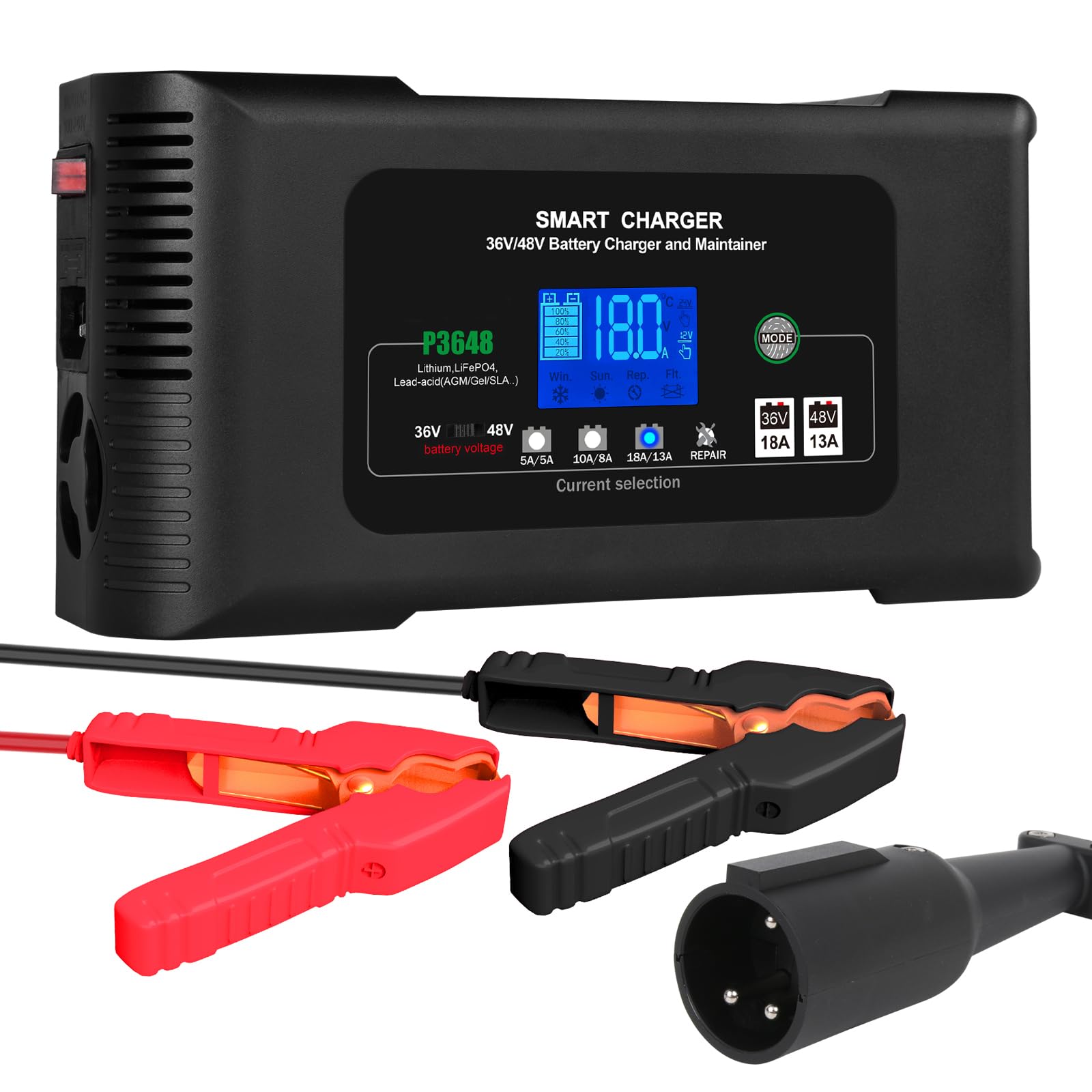 36V/48V Golf Cart Battery Charger - 18A/13A Smart Charger with 3-Pin Round Plug for Club Car, Compatible with Lithium, LiFePO4, Lead-Acid AGM/Gel/SLA Batteries - Perfect for Golf Course, RV & Marine Use