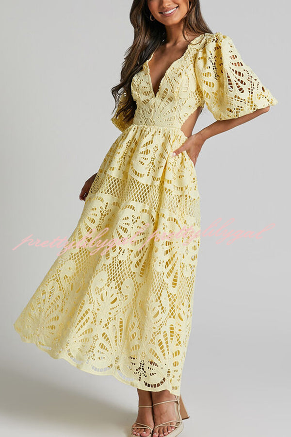 Elegant Solid Color V-Neck Lace Maxi Dress for Women - Sexy Hollow Out Waistless Long Dress for Summer, Beach, Party & Evening Wear