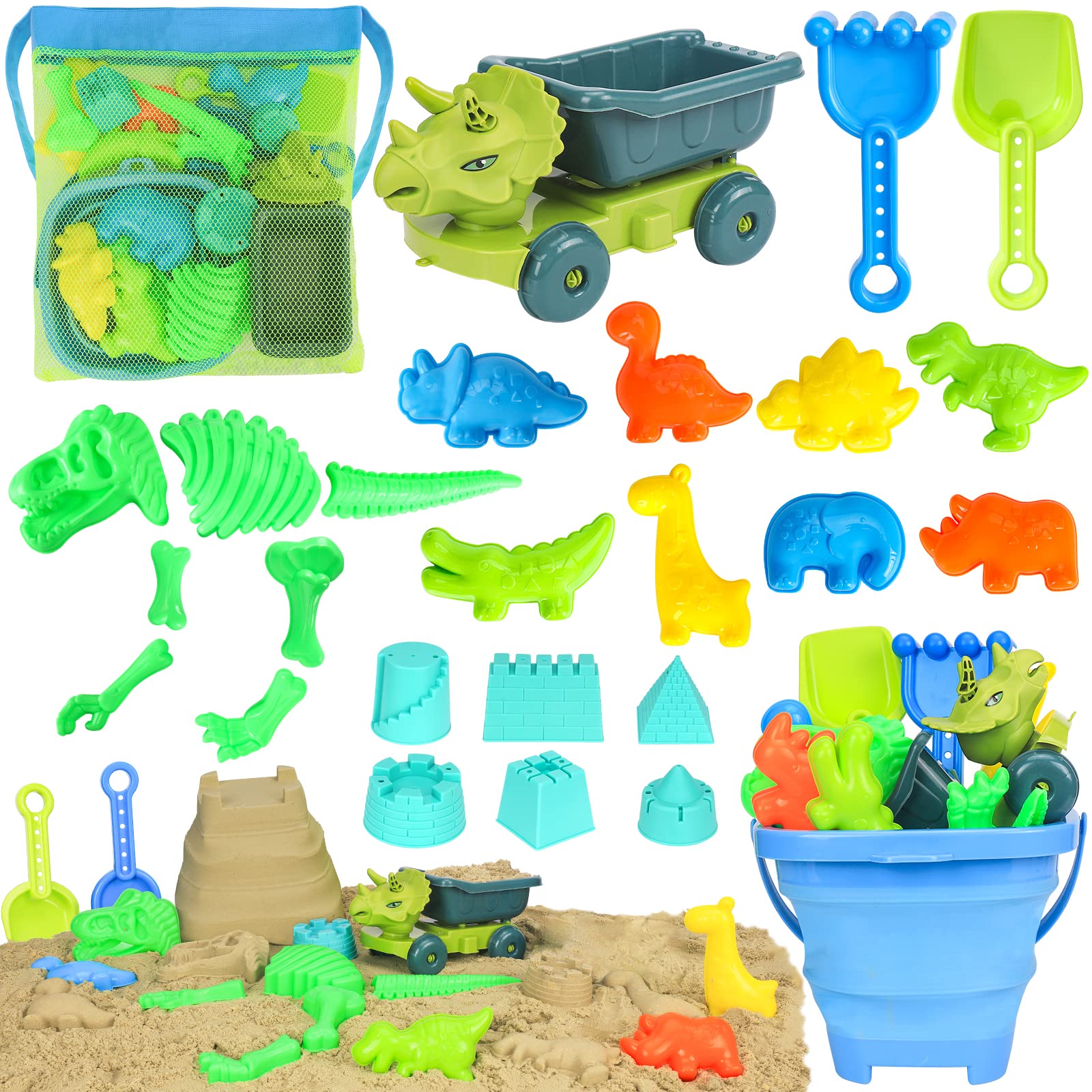 Dinosaur Beach Toys Set with Dump Truck, Collapsible Bucket, Shovel & Rake - 12-Piece Sand Play Kit with Animal Molds & Mesh Bag - Perfect for Sandcastles, Beach Fun & Toddler Sandbox Play