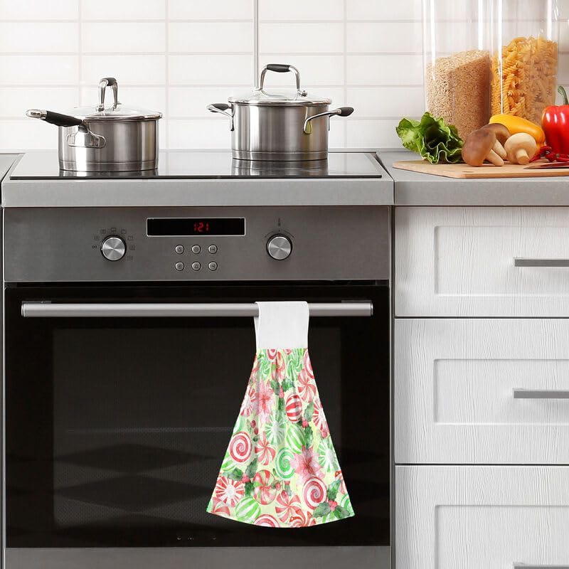 Christmas Peppermint Candy Hanging Kitchen Towels - 2PCS Absorbent Dish Cloths with Loops for Oven, Stove & Bathroom - Festive Winter Floral Hand Towels for Home Decor & Holiday Kitchen Use