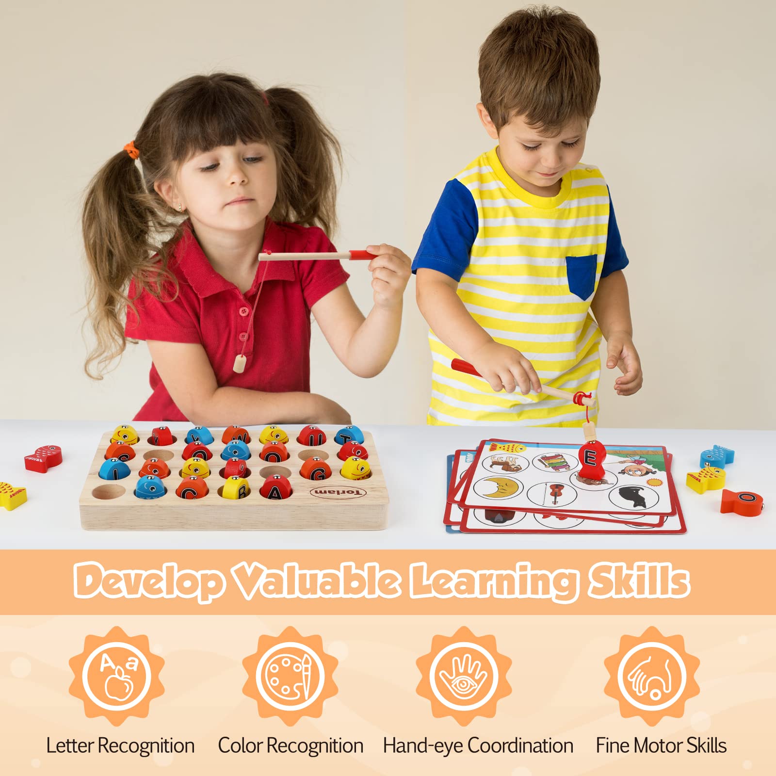 Torlam Magnetic Wooden Fishing Game Toy for Toddlers - ABC Alphabet Learning, Fine Motor Skills Development, Montessori Letters Cognition with 2 Poles & 8 Activity Cards - Perfect for Preschool Learning & Family Game Night