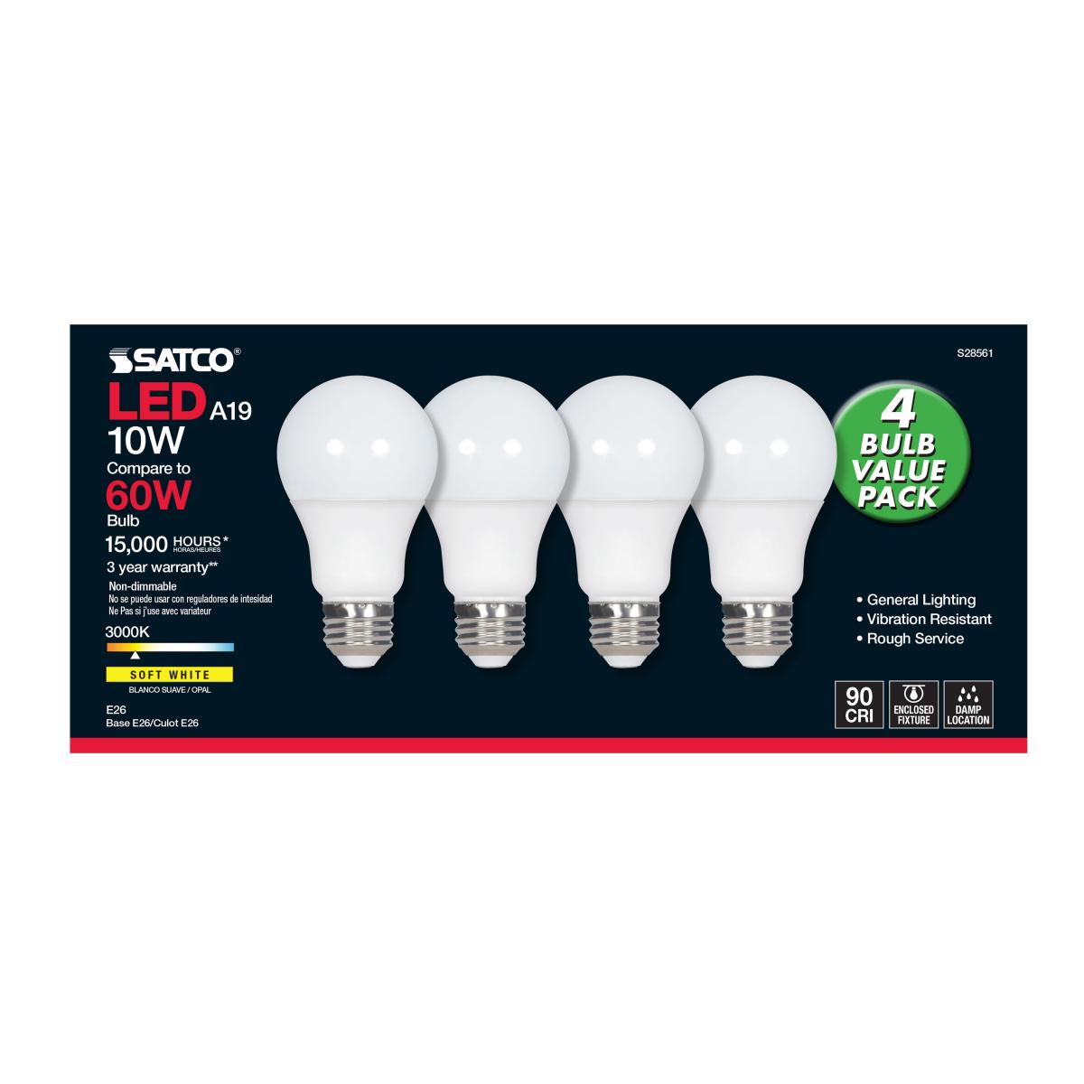 4-Pack A19 LED Light Bulbs 60W Equivalent, 10W 800 Lumens 3000K Warm White, E26 Medium Base Frosted - Perfect for Bedroom, Living Room & Office Lighting