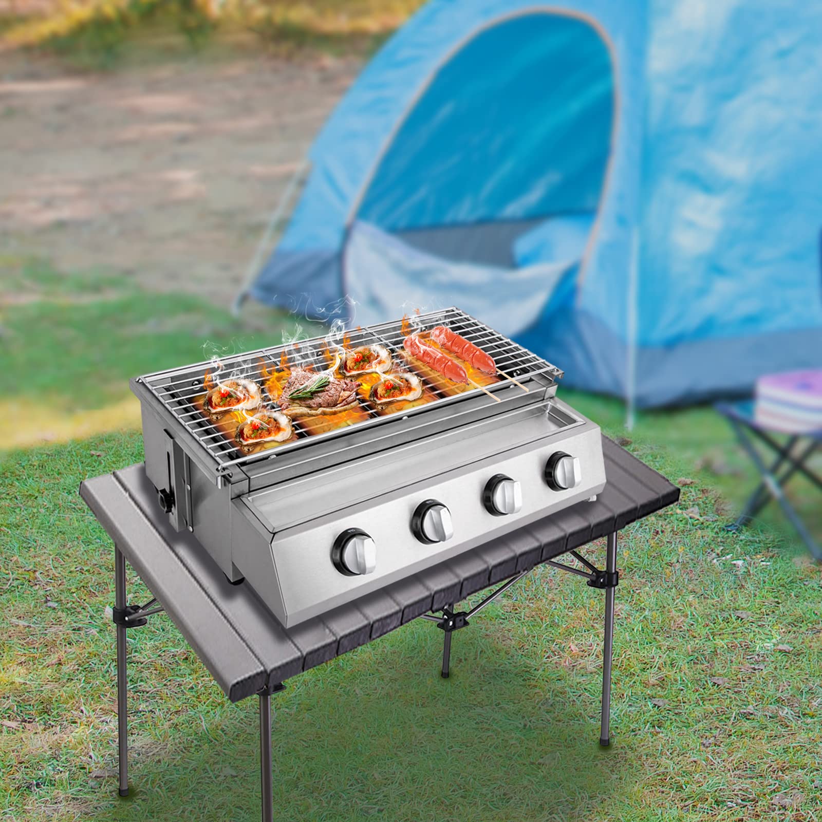 4-Burner Commercial Gas Grill - Smokeless Indoor & Outdoor BBQ Griddle, Portable Nonstick LPG Gas Yakitori Grill with Removable Grill Net - Perfect for Restaurants, Backyard Parties, Camping & Picnics