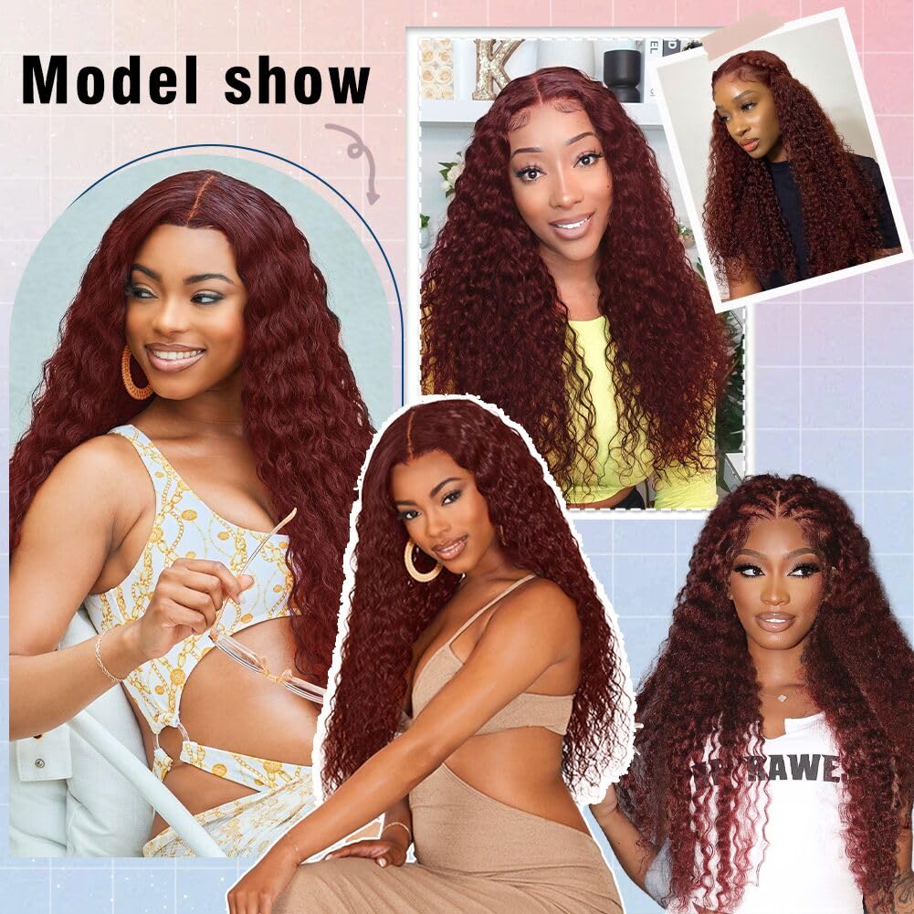 FABA Reddish Brown Glueless Human Hair Wig | Pre-Plucked & Pre-Cut Deep Wave 7x5 Closure | Wear & Go Invisible Knots | 180% Density Auburn Curly Wig for Women (18 Inch) | Perfect for Daily Wear, Parties & Special Occasions