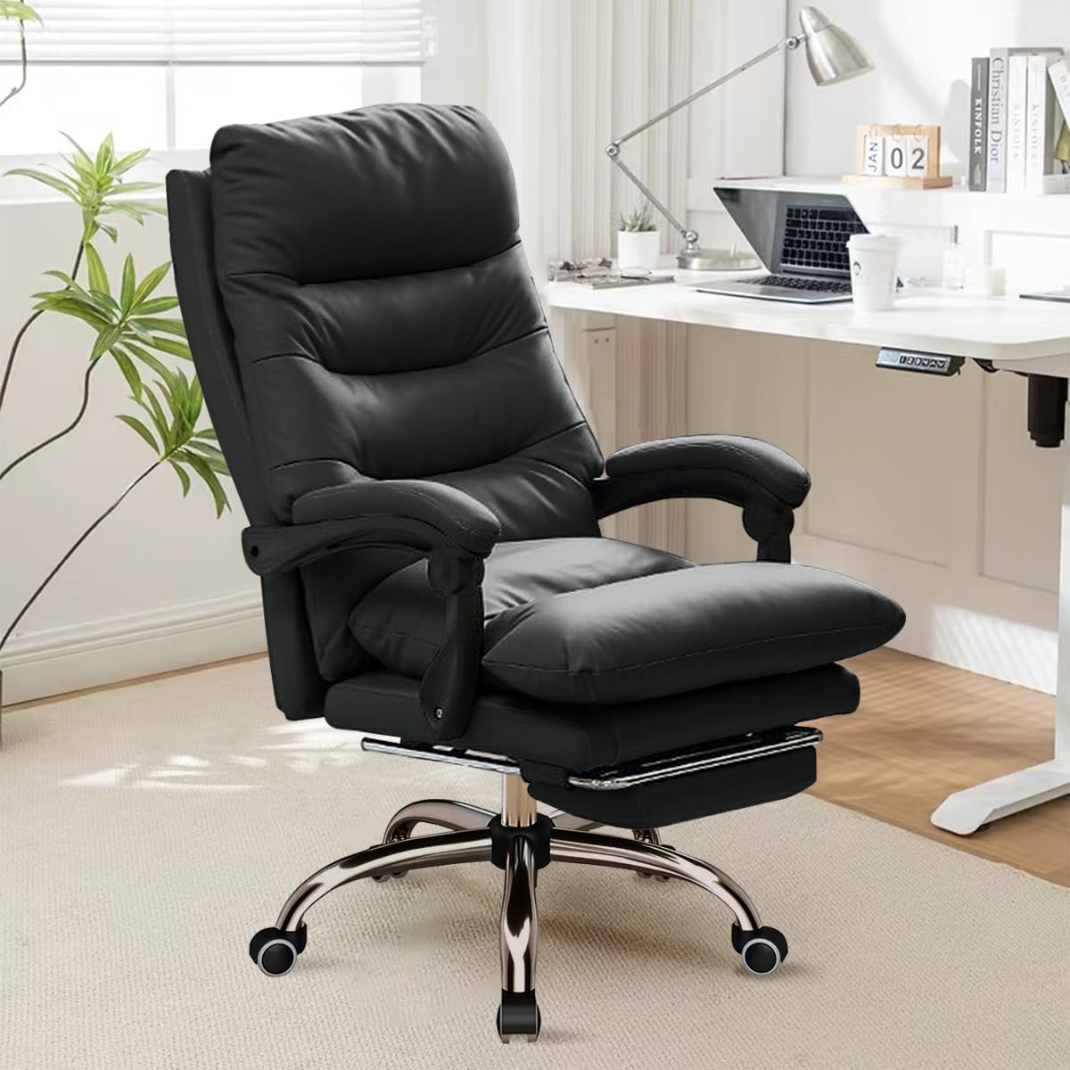 Ergonomic High Back Office Chair with Footrest - Reclining Executive Desk Chair for Gaming & Work - Comfortable Leather Computer Chair for Home & Office Use - Black