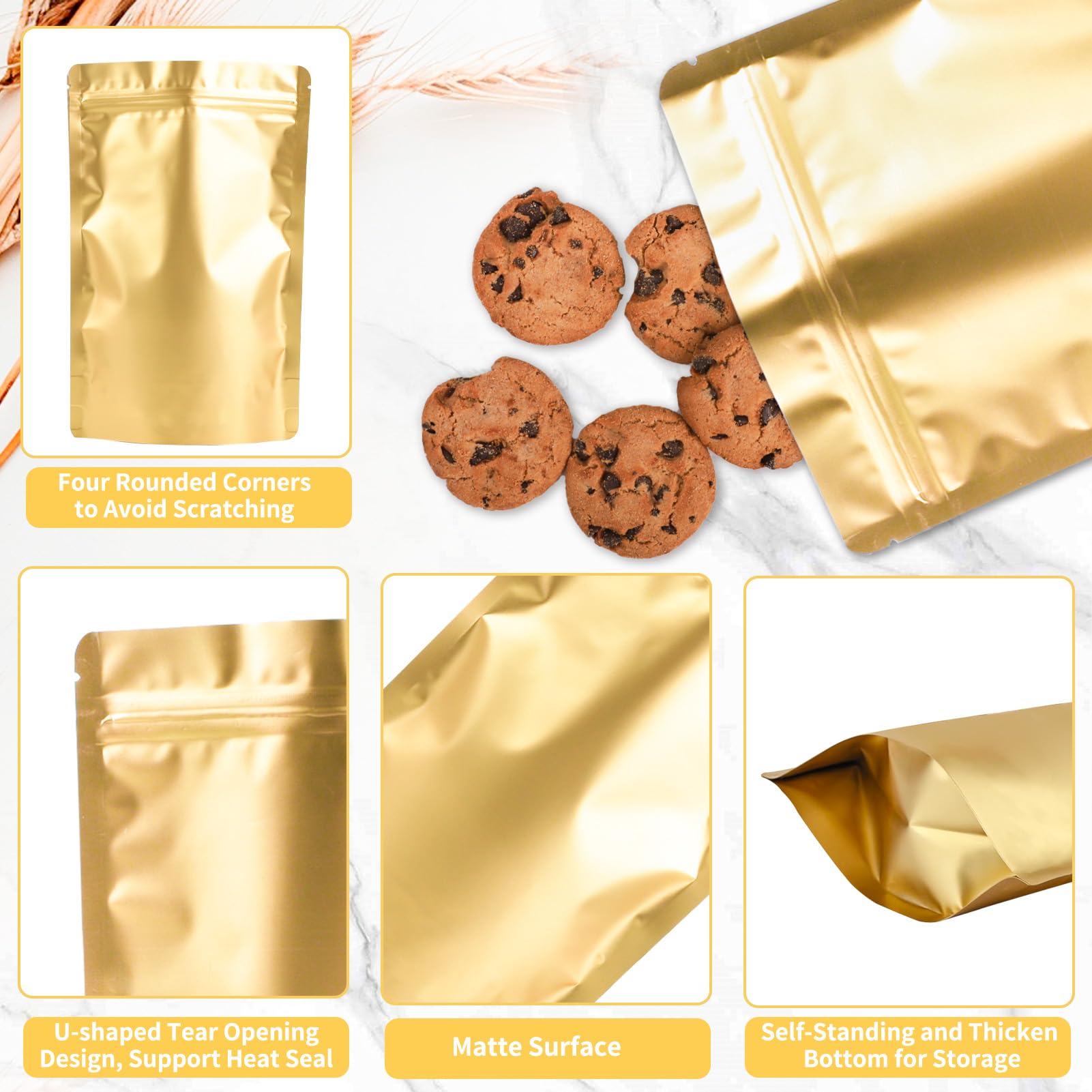 100 Pack Mylar Smell Proof Bags - Resealable Gold Stand Up Pouch Bags with Foil Seal for Food Storage, Coffee, Tea, Herbs & Spices | 3.93×5.9 Inch | Airtight Packaging for Freshness & Odor Control