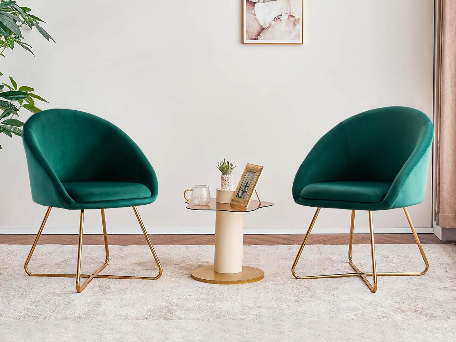Mid-Century Modern Velvet Dining Chairs Set of 2 - Green Upholstered Accent Chairs with Golden Finish for Living Room, Bedroom, Home Office - Elegant Seating for Dinner Parties & Cozy Reading Nooks