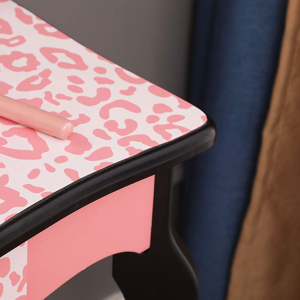 Princess Pink Leopard Print Wooden Makeup Table and Chair Set for Girls - Kids Vanity Desk with Three-Fold Mirror & Drawers, Perfect for Bedroom Decor & Pretend Play (Pink/Black)