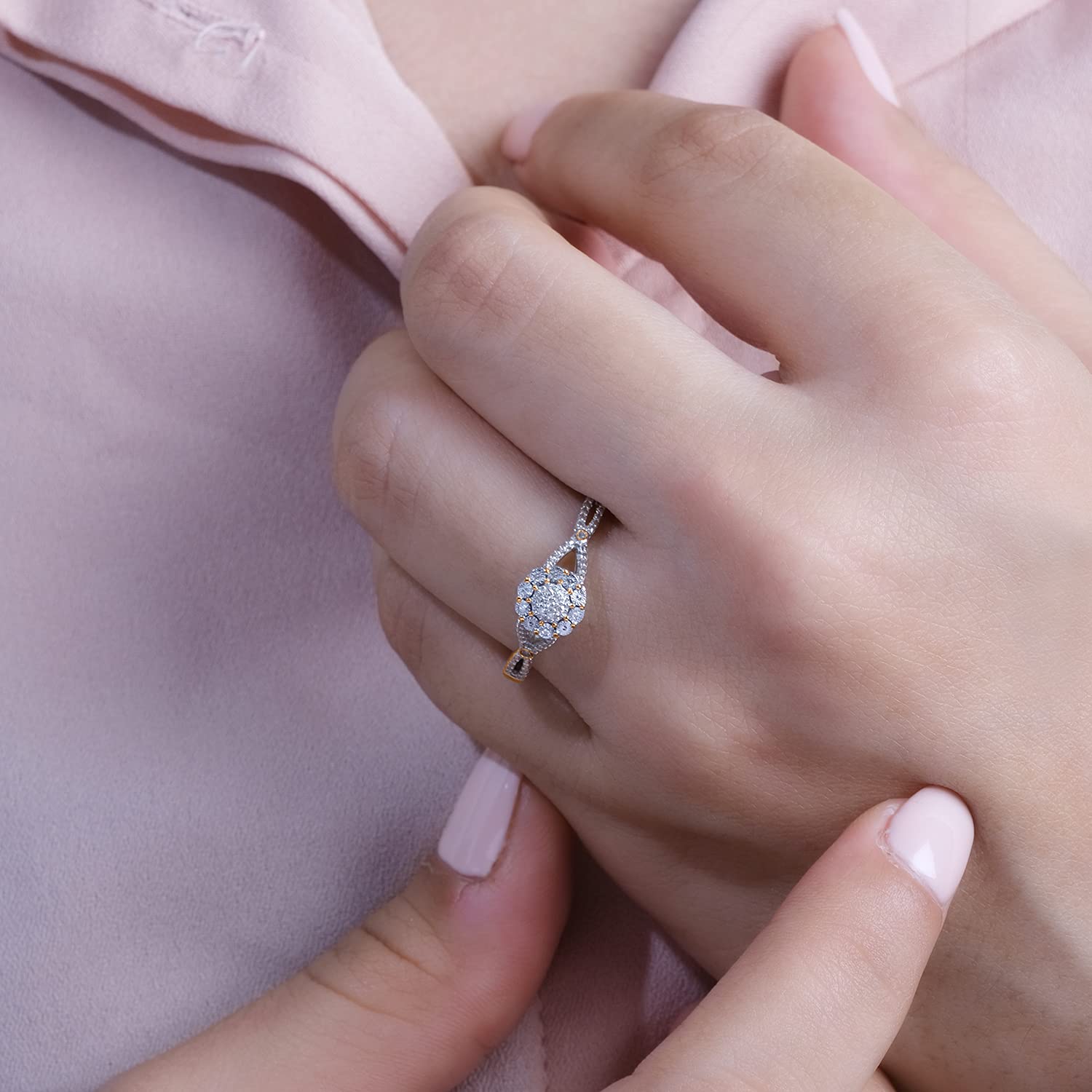 1/20cttw Diamond Cluster Promise Ring for Women - 925 Sterling Silver, Yellow Gold-Plated or Rose Gold-Plated - Round White Diamond Halo Floral Engagement Ring - Perfect for Anniversaries, Proposals & Special Occasions