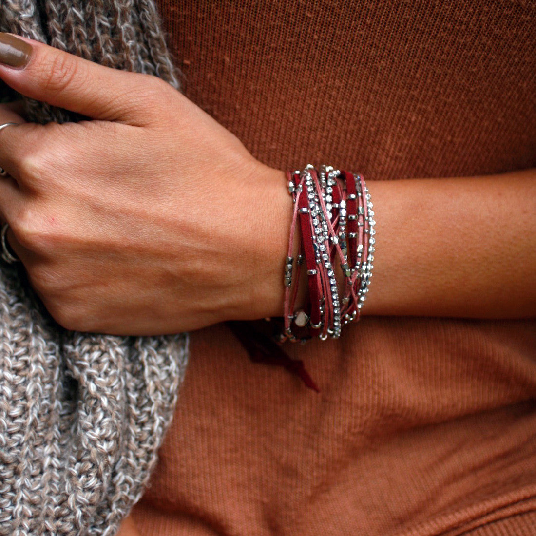 Glistening Strands Double Duty Wrap Bracelet & Necklace - Adjustable Magnetic Clasp in Maroon | Elegant Jewelry for Women, Perfect for Parties, Weddings & Everyday Wear