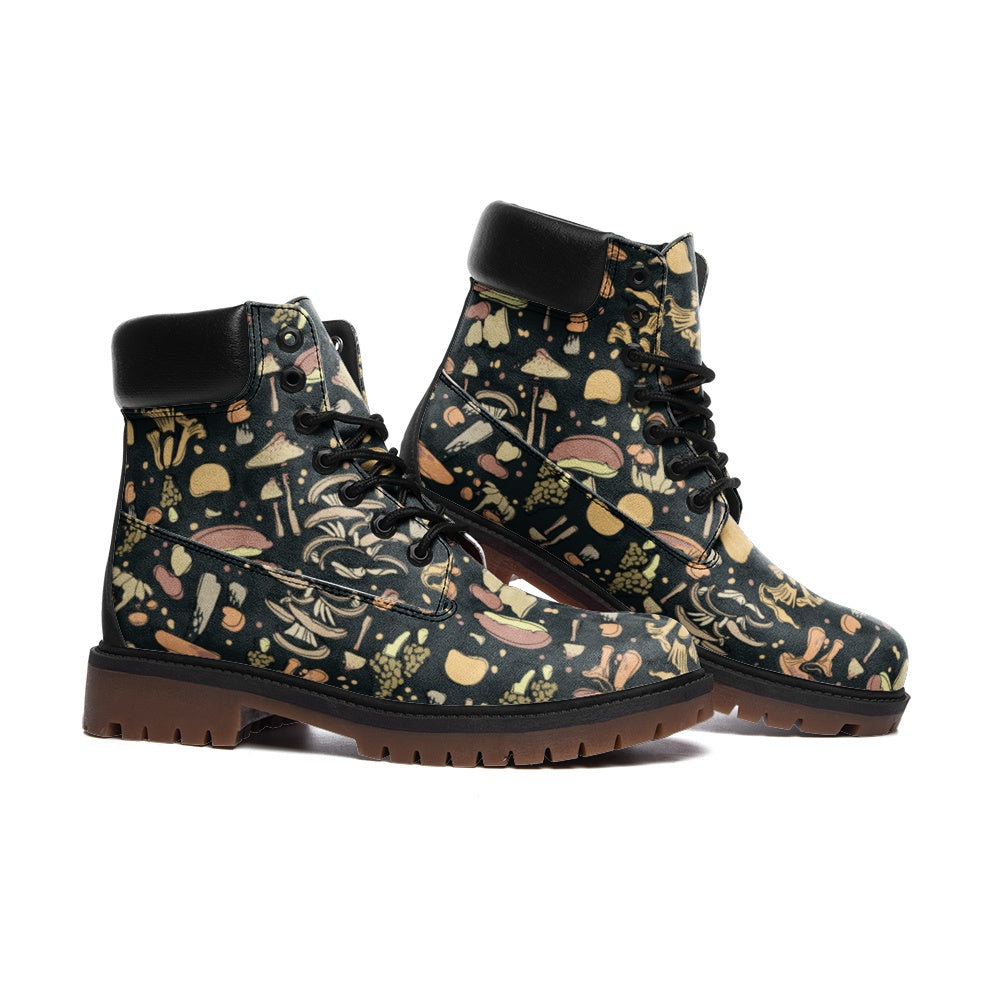 Vintage Faux Leather Combat Boots with Retro Mushroom Print - Stylish Punk Ankle Boots for Women, Perfect for Fall Fashion, Concerts & Streetwear Outfits