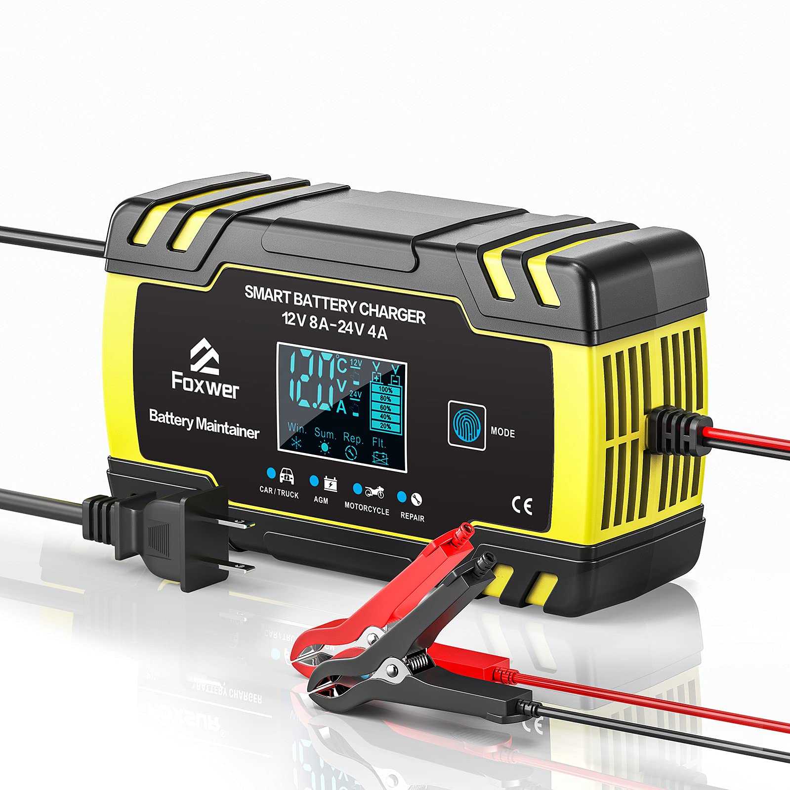 12V8A 24V4A Smart Battery Charger Maintainer - Intelligent Trickle Charger with Temperature Compensation & Desulfator for Car, Motorcycle, Boat, RV - Perfect for Winter Storage & Long-Term Maintenance