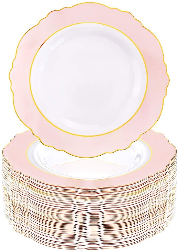 60-Pack Pink Plastic Plates & 180-Pack Rose Gold Plastic Cutlery Set - Disposable Party Dinnerware for Weddings, Birthdays, Picnics, and Events